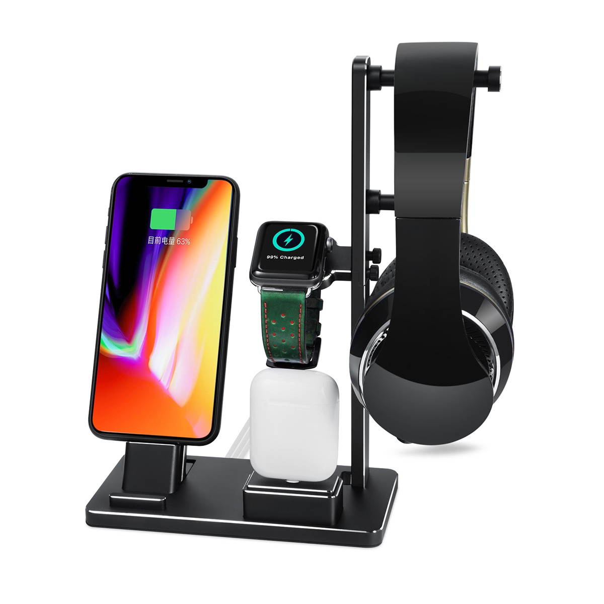 6 in 1 Phone Watch Stand Station Dock Station Charging Stand for iWatch Headphones Holder (Black)