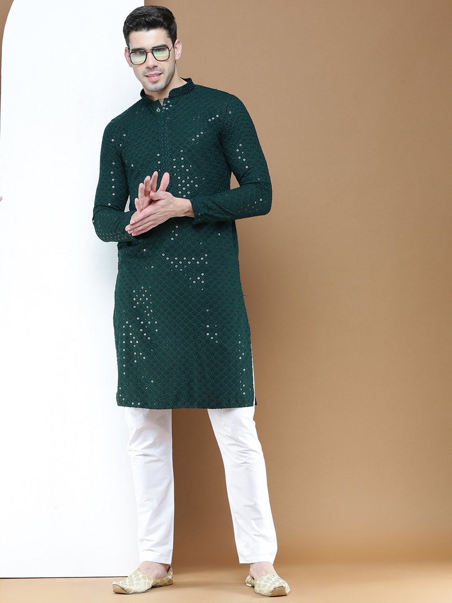 Sanwara Deep Green Cotton Regular Fit Embellished Kurta Bottom Set