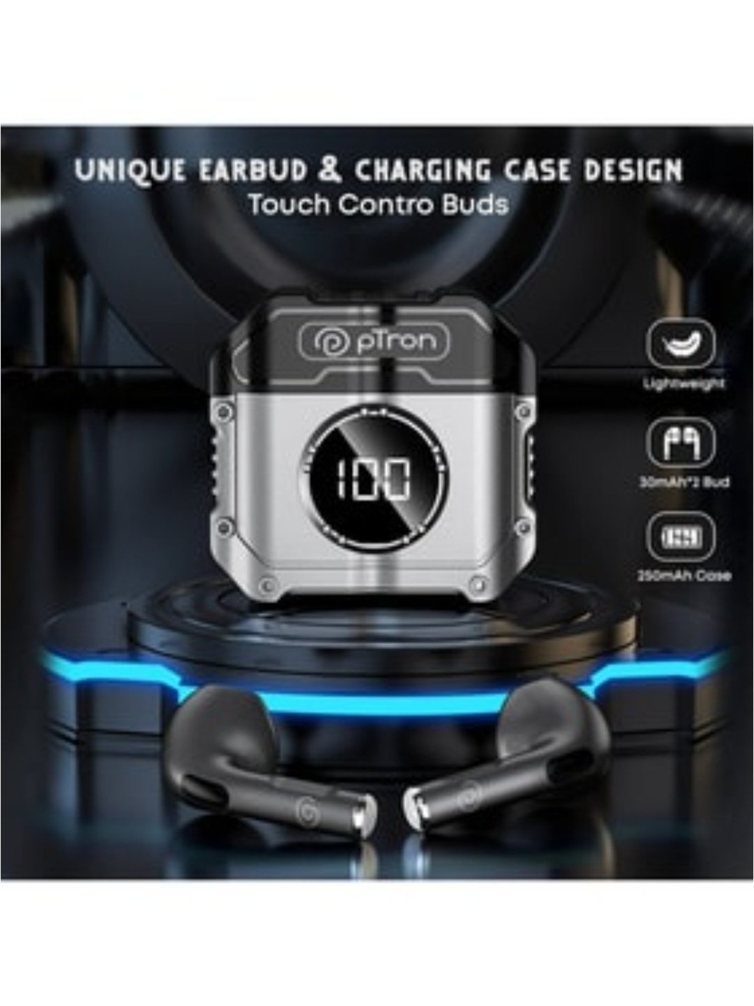 PTron Bassbuds Revv Wireless in Ear Earbuds with Mic, Type-C Fast Charging (Black)