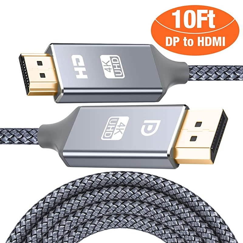 DisplayPort to HDMI Cable 4K30HZ UHD Nylon Braided GoldPlated DP to HDMI UniDirectional Cord Display Port to HDMI Male Connector 10 Feet