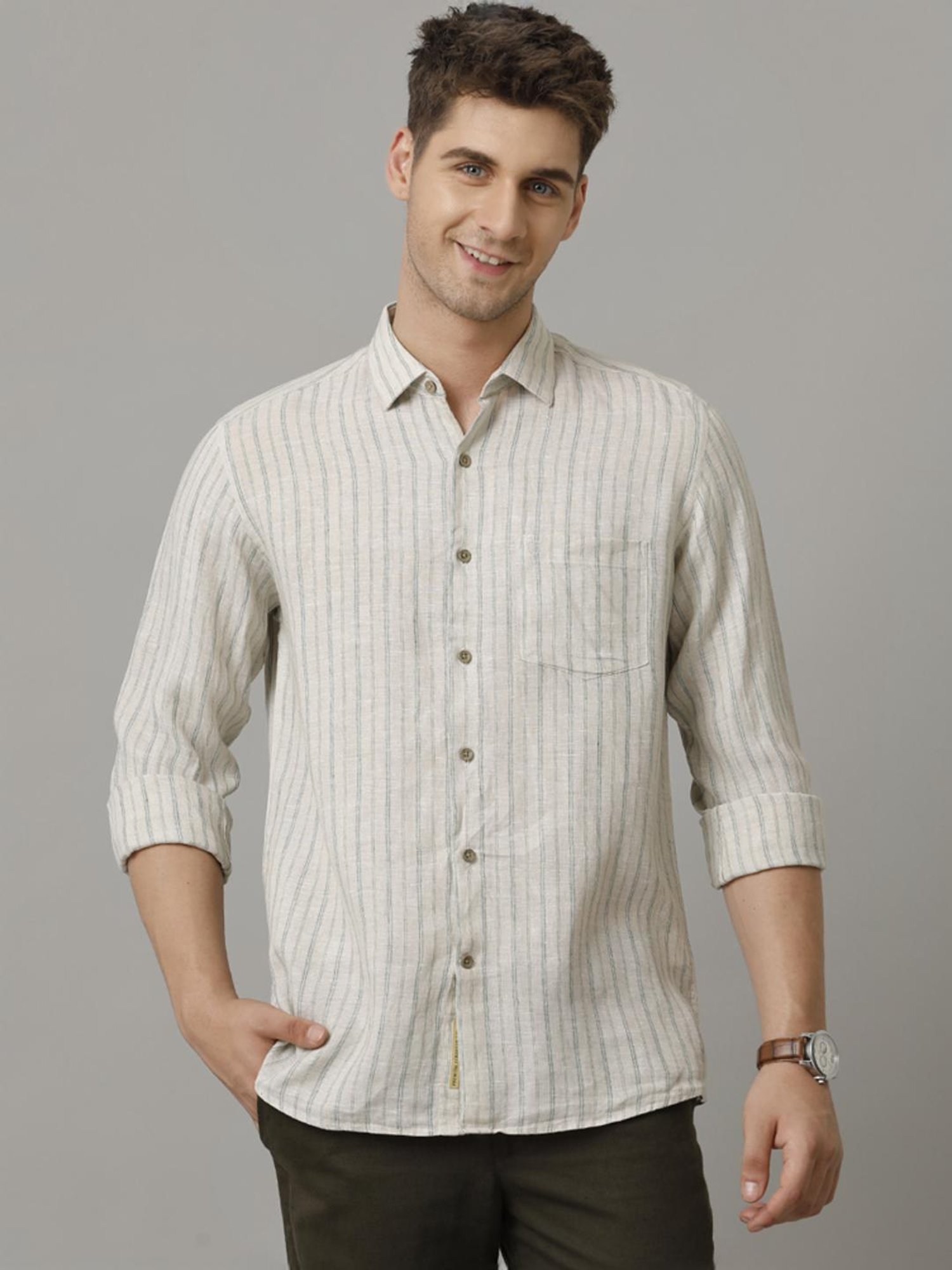 Linen Club Beige Linen Contemporary Fit Striped Shirt