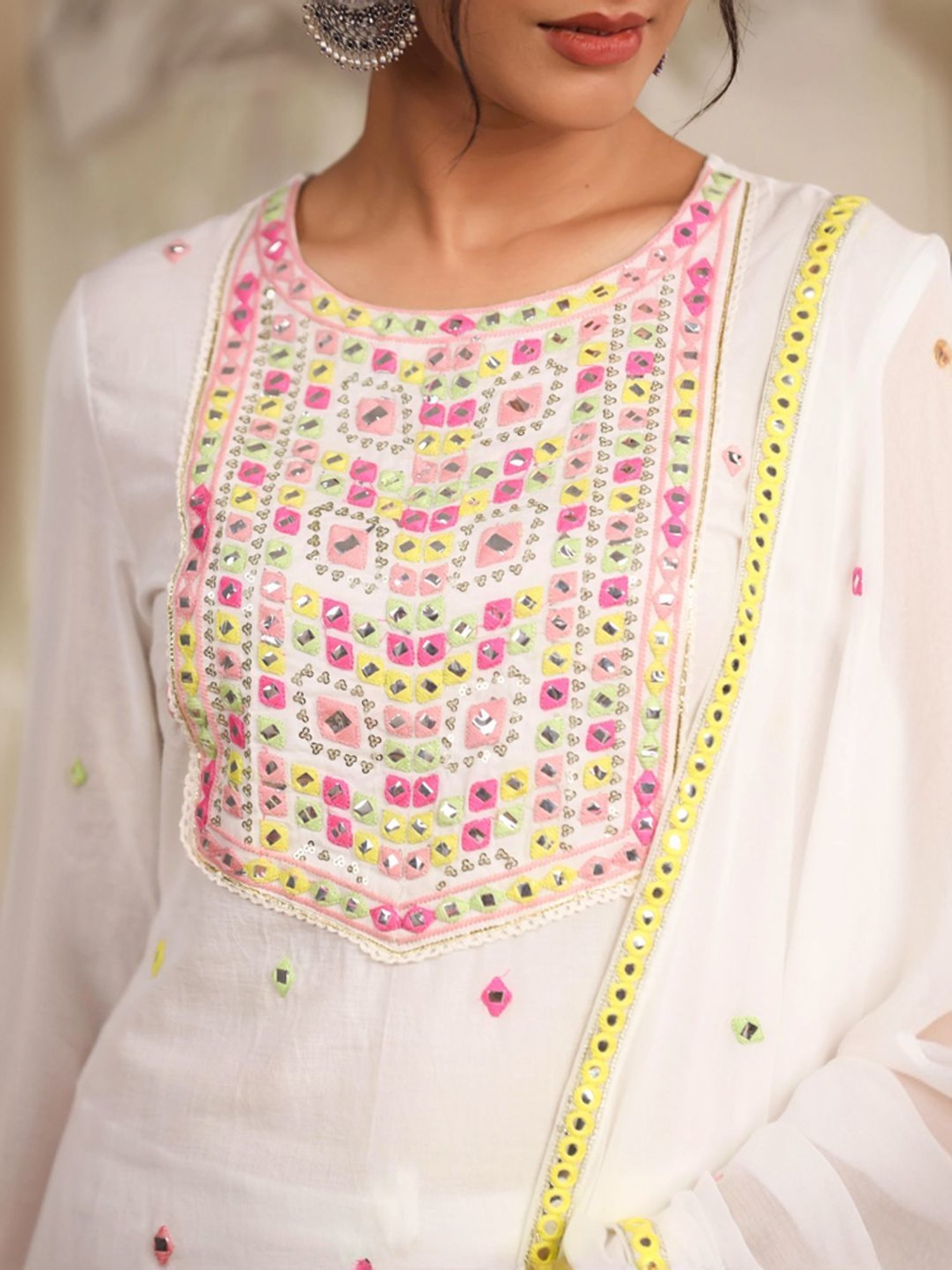 SCAKHI White Cotton Embroidered Kurta Pant Set With Dupatta