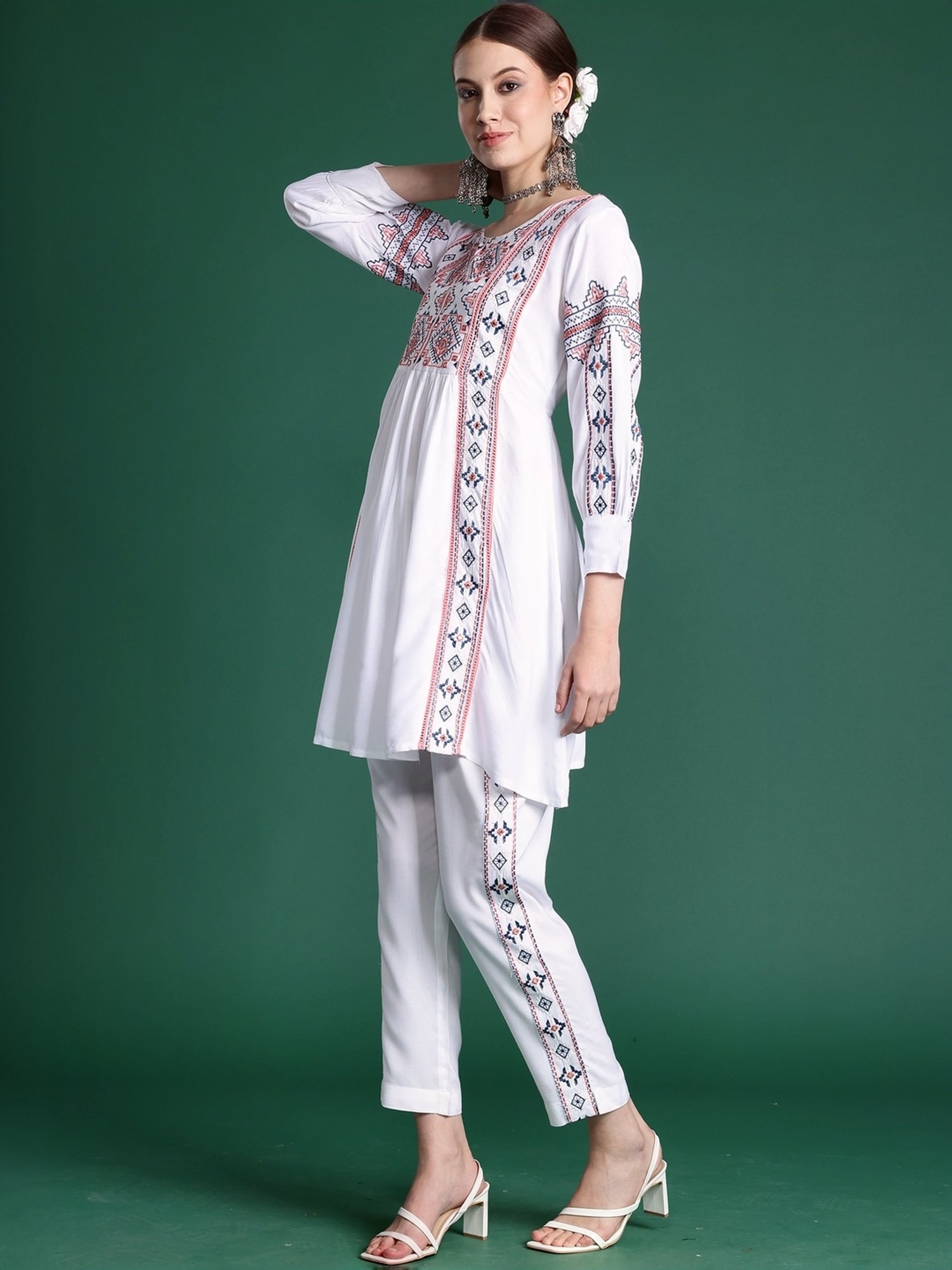 Indo Era White Embroidered Kurti Pant Set