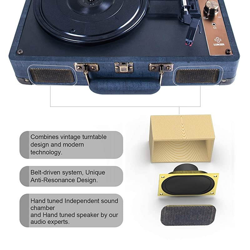 Record Player  Portable Suitcase Bluetooth Turntable for Vinyl Record BeltDrive 3Speed Stereo Turntable with Speakers Support Power Bank Supply 35mm Headphone RCA Audio Output