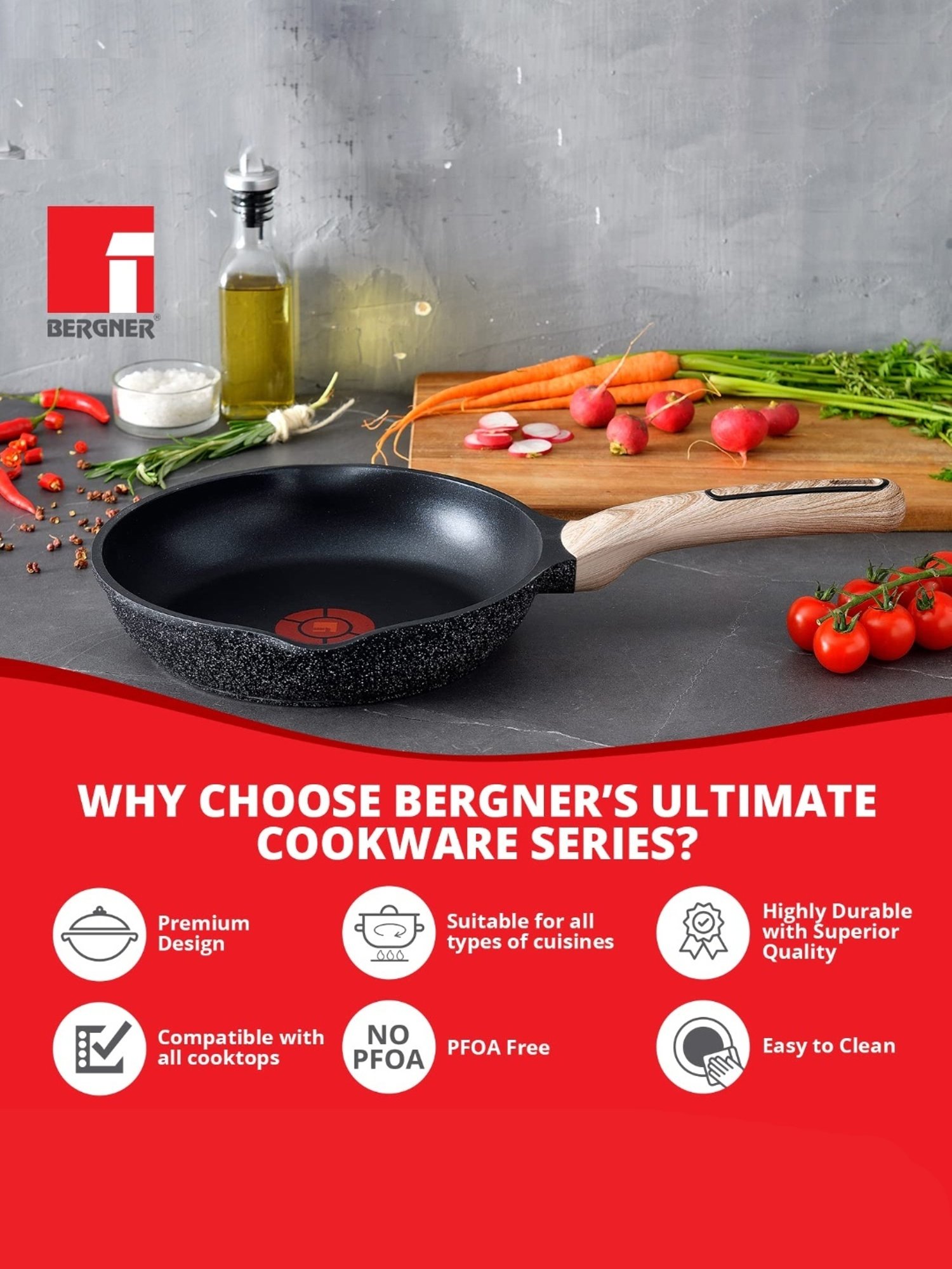 Bergner Grey Triply Marble Induction Base Frypan - 20cm (1.2L)