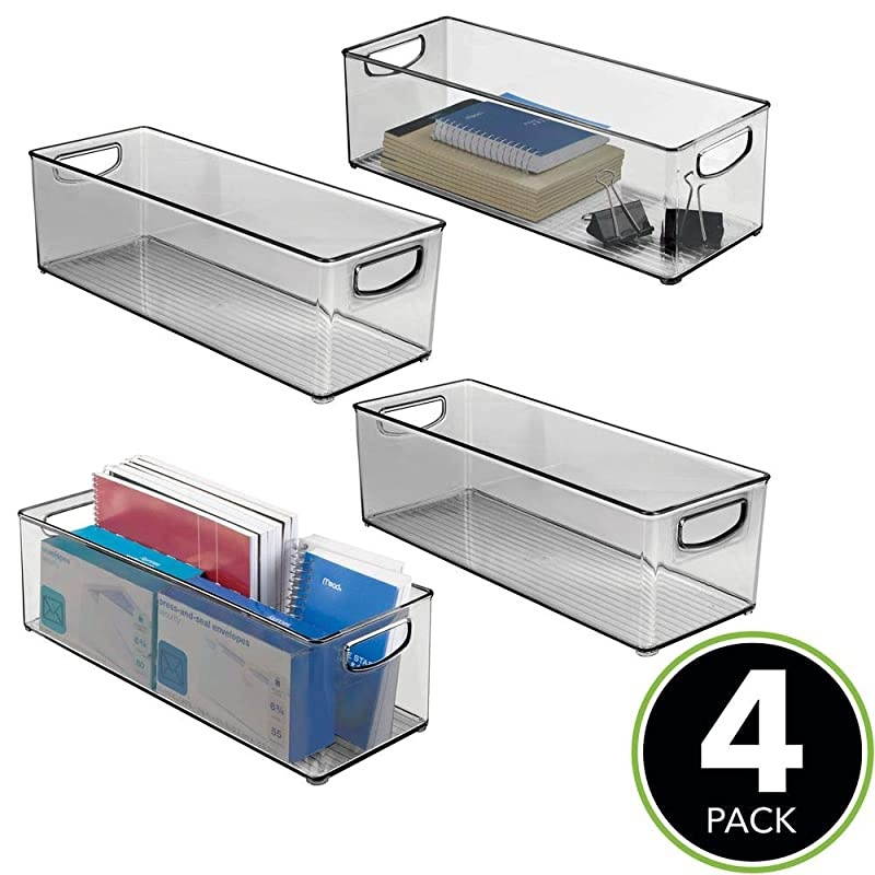 Large Stackable Plastic Storage Bin Container Home Office Desk and Drawer Organizer Tote with Handles Holds Gel Pens Erasers Tape Pens Pencils Markers 16 Long 4 Pack Smoke Gray