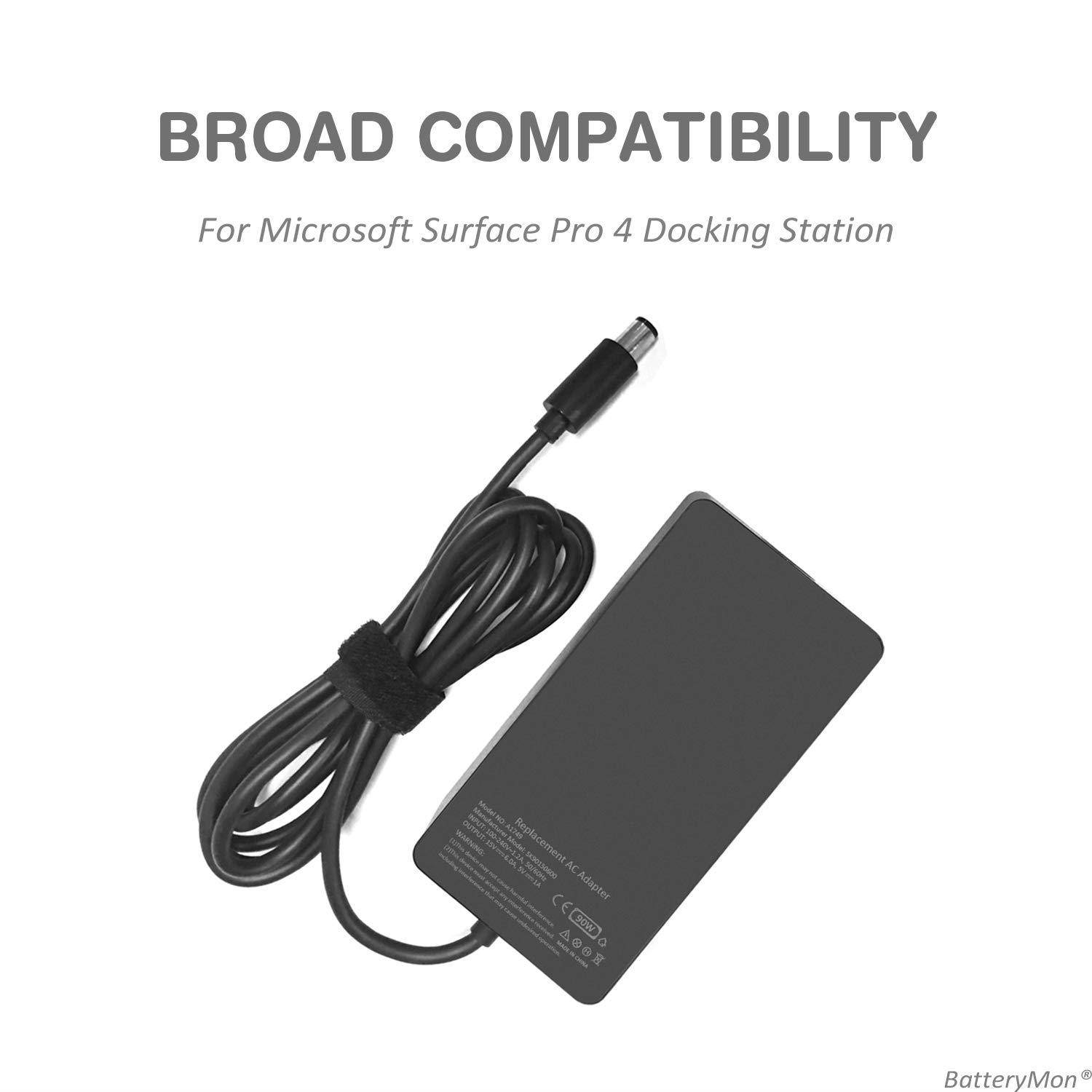 BatteryMon 15V 6A 90W Charger AC Adapter for Microsoft Surface Pro 4 Docking Station, Model 1749 Tablet Power Supply Cord with USB Charging Port