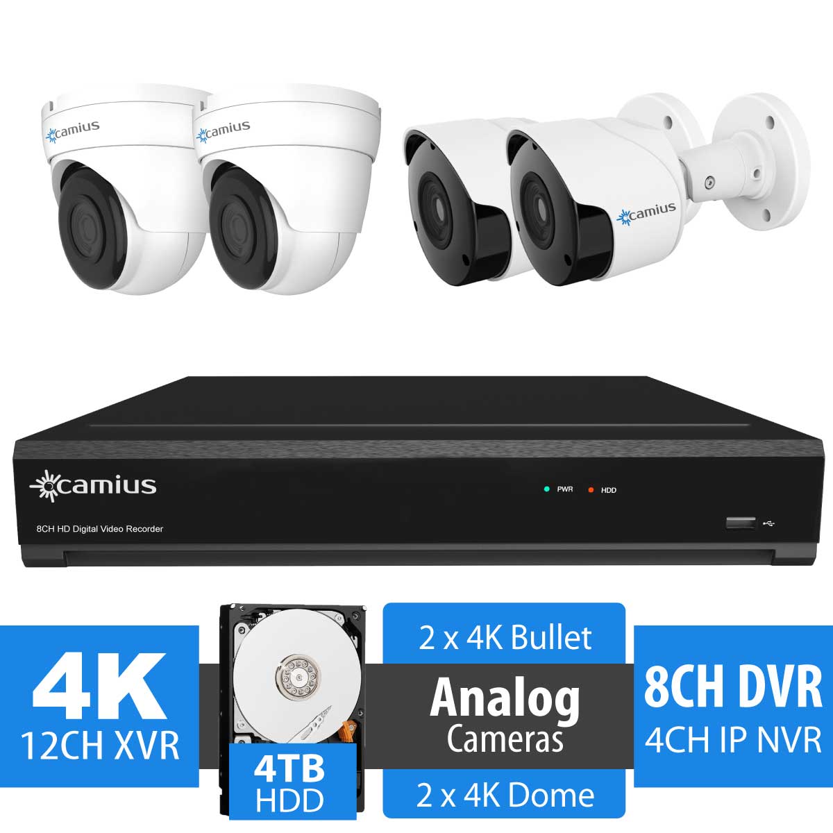 Camius 4K 8 Channel Security DVR camera system with Hard Drive 3TB, 4 x 4K Outdoor Wide Angle Analog Bullet Security Cameras - 100 degree view - expandable to 12CH including 4 IP channels - 124K48M3T