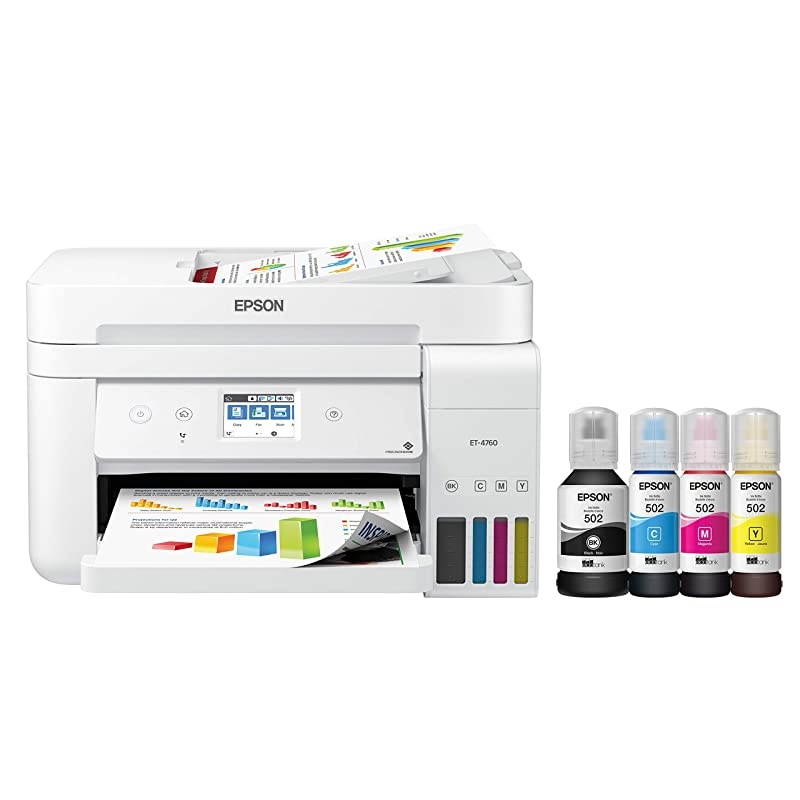 EcoTank ET4760 Wireless Color AllinOne CartridgeFree Supertank Printer with Scanner Copier Fax ADF and Ethernet White