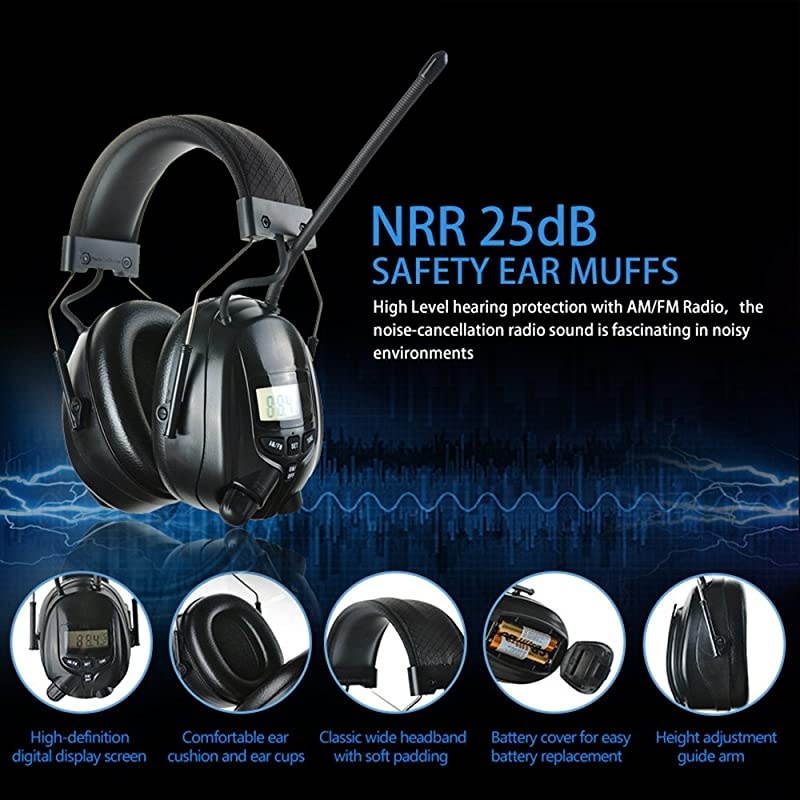 AM FM Hearing Protector, Ear Protection for Mowing, Snowblowing, Construction, Work Shops, 25dB NRR (Black)