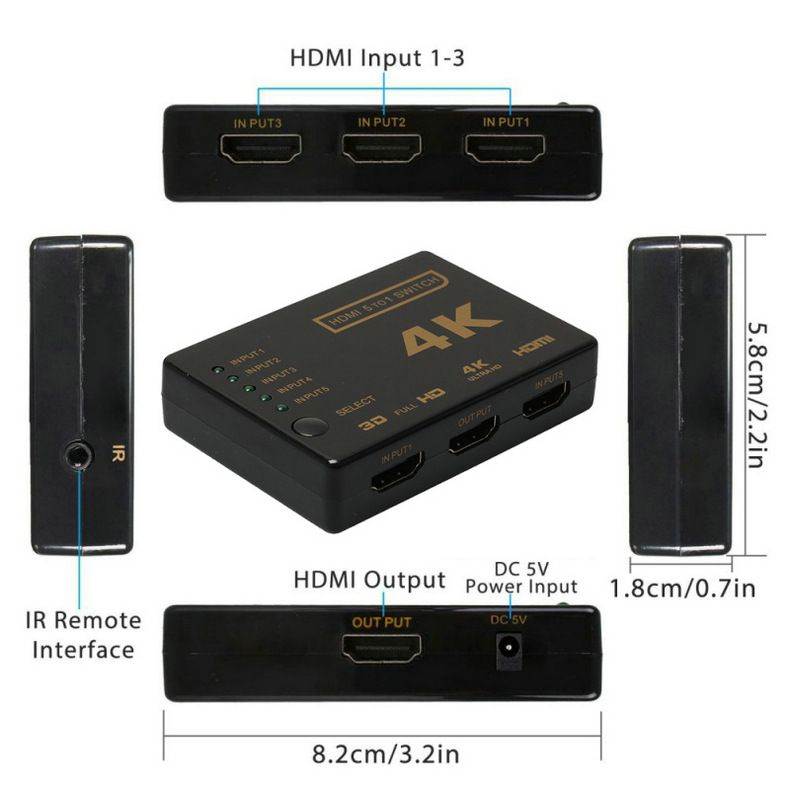 HDMI Switch 4K 5 in 1 out HDMI Selector Splitter- HDMI Switcher with Remote Hdmi Auto Switcher Box Supports 4K 60Hz, HDMI Switch for PS3 / Xbox One/Fire TV/SKY BOX/STB/DVD/Laptop