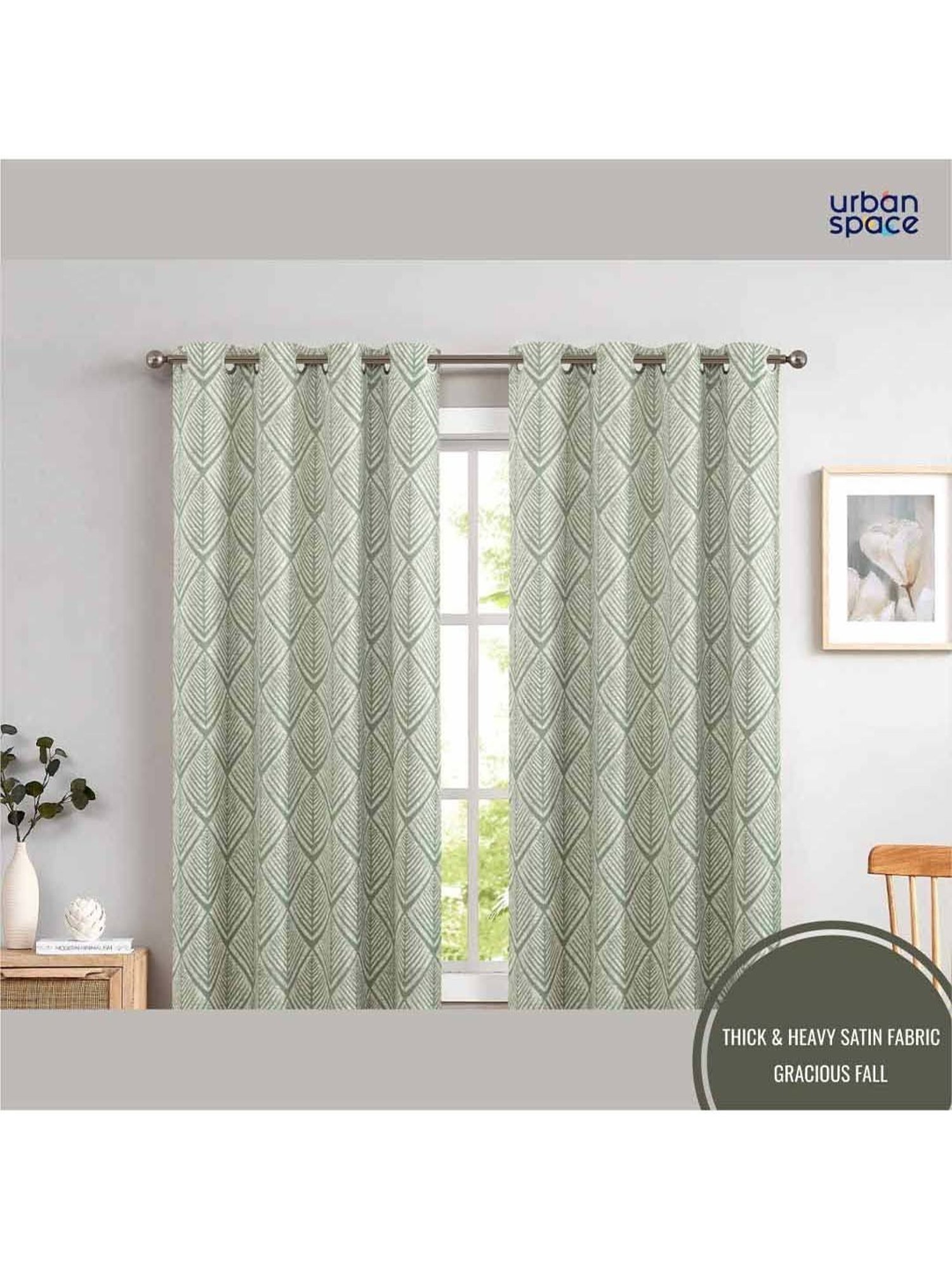 Urban Space Green Polyester Window Curtain With Tieback & Eyelet