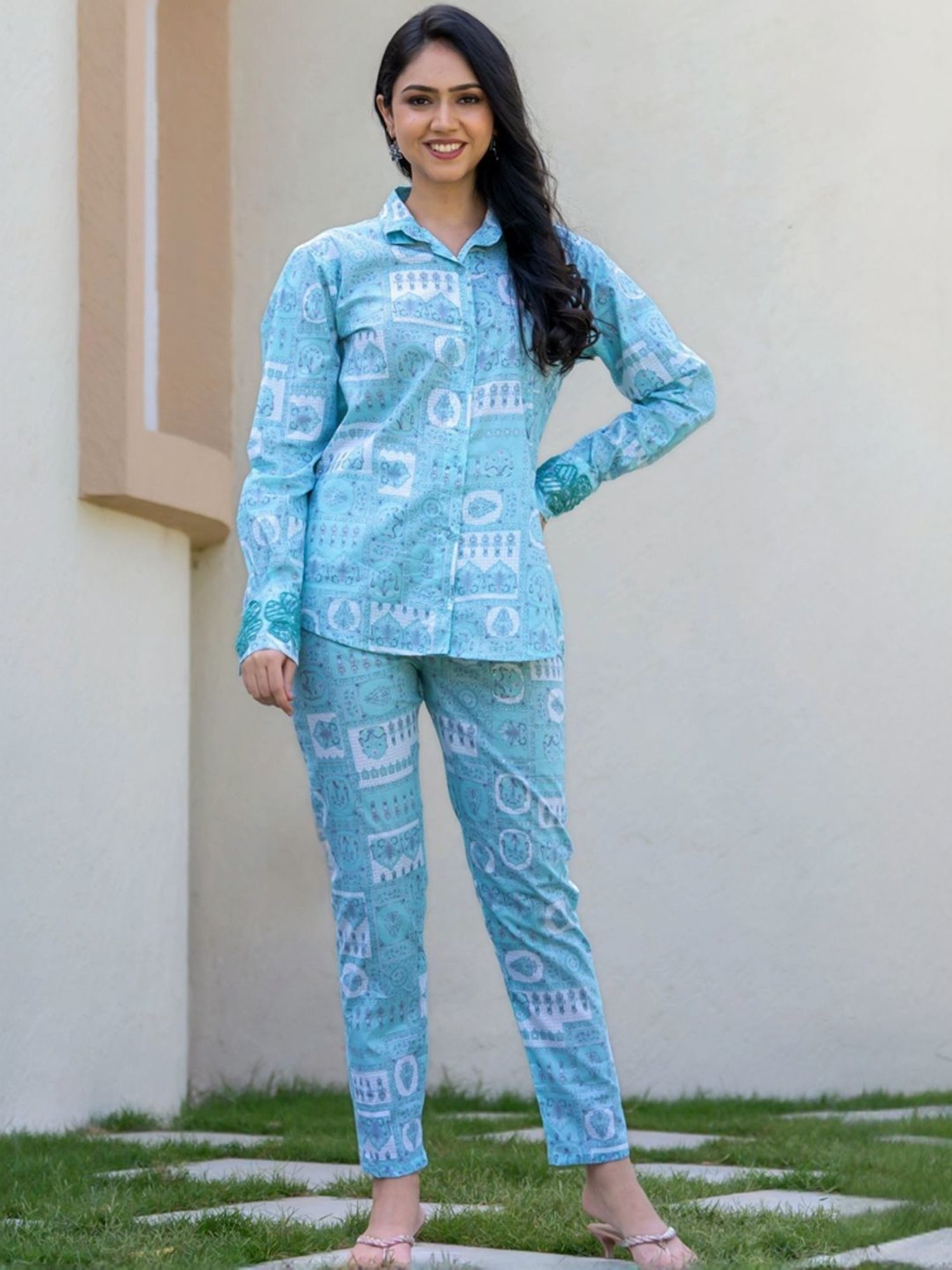 HOUSE OF JAMOTI Blue Cotton Printed Tunic Pant Set