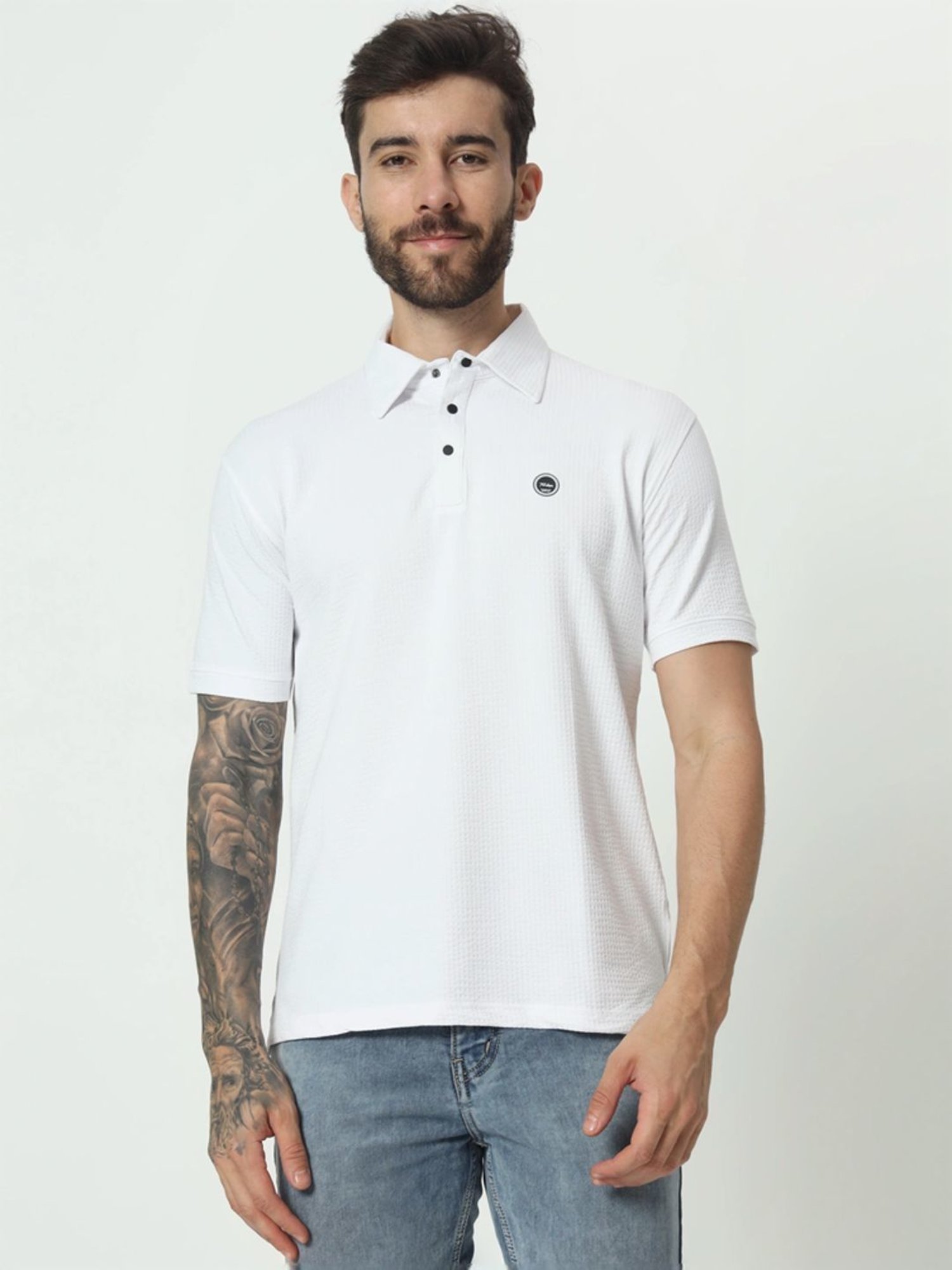 Tab91 White Regular Fit Self Pattern Polo T-Shirts