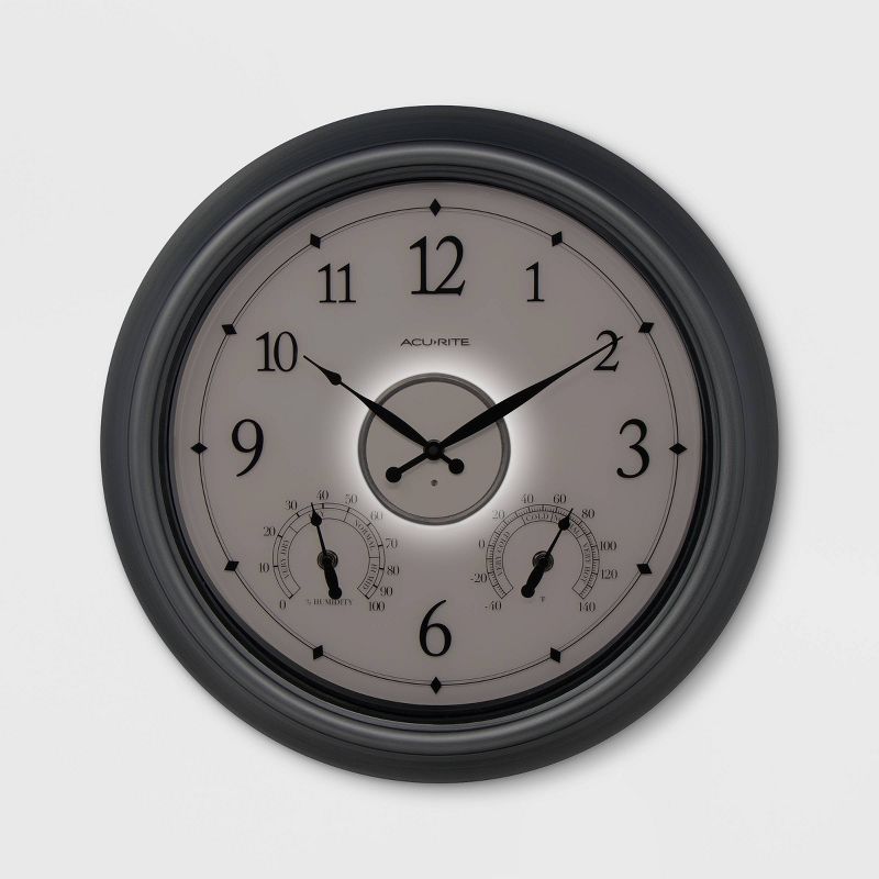 18" Glass Wall Clock Therm/Hygrometer With LED Silver - AcuRite