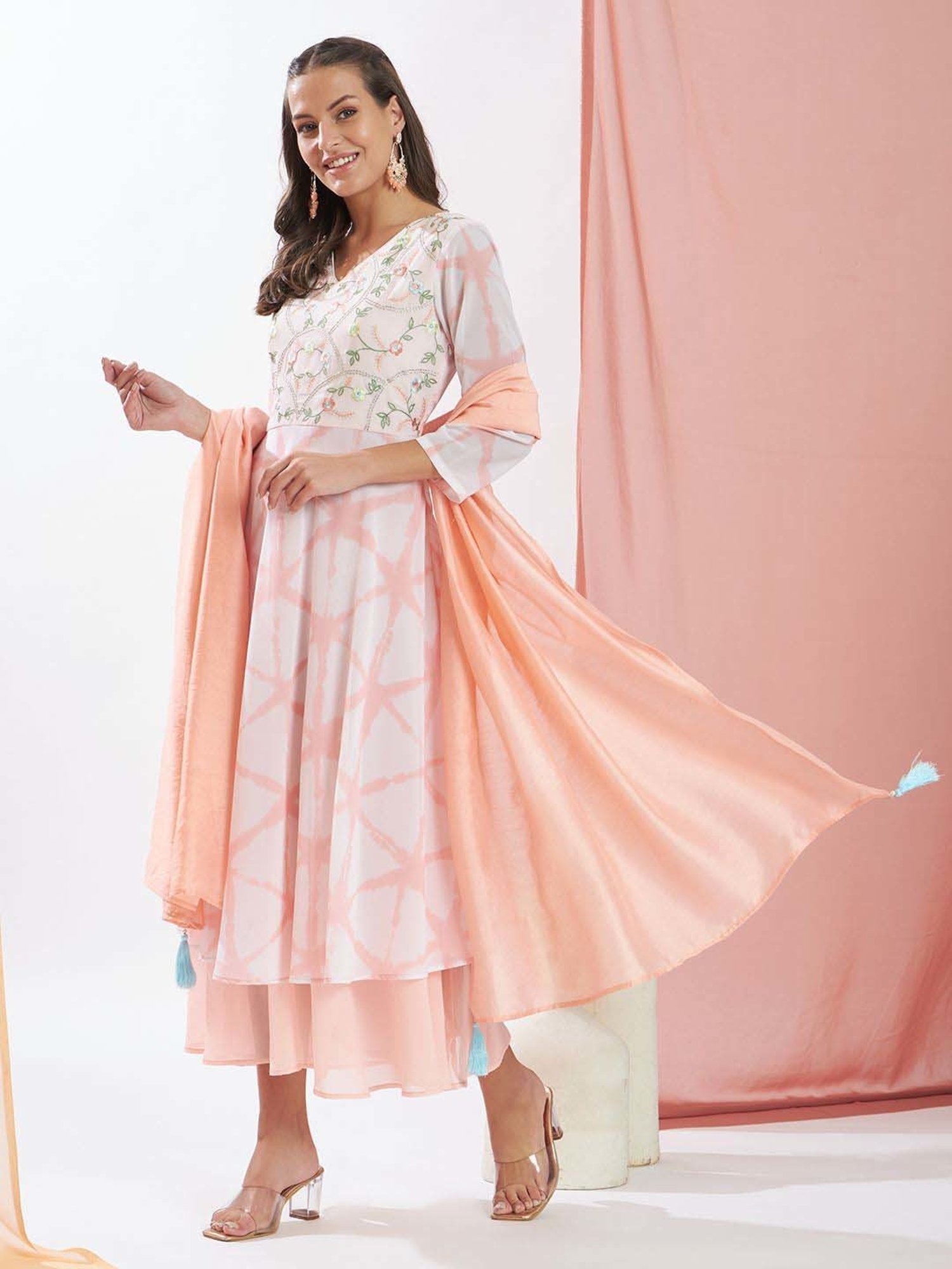 Heeposh Peach Printed Dress With Dupatta