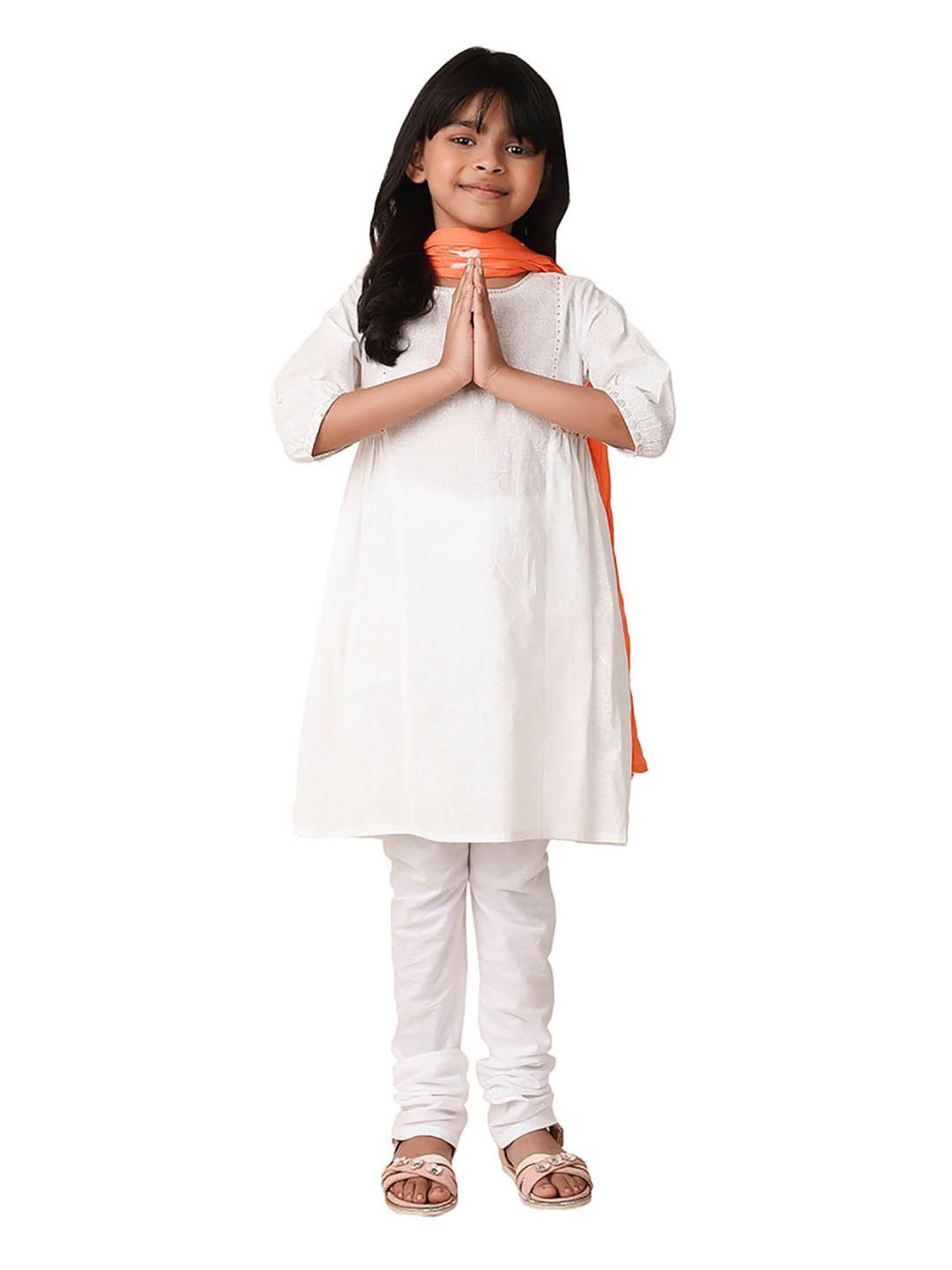 Fabindia Kids White & Orange Printed Kurta, Churidar with Dupatta