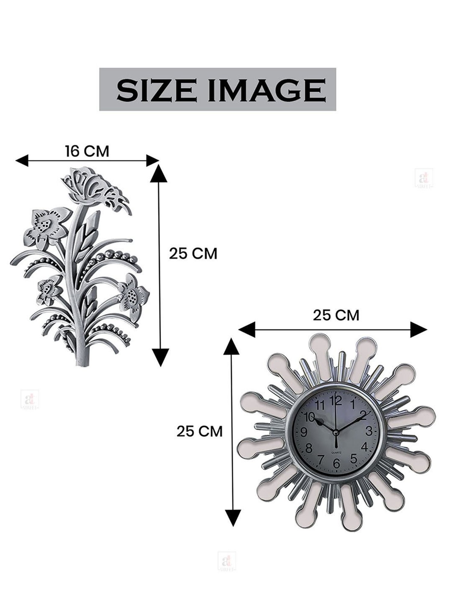 Art Street Silver Plastic Wall Clock with Leaf Set