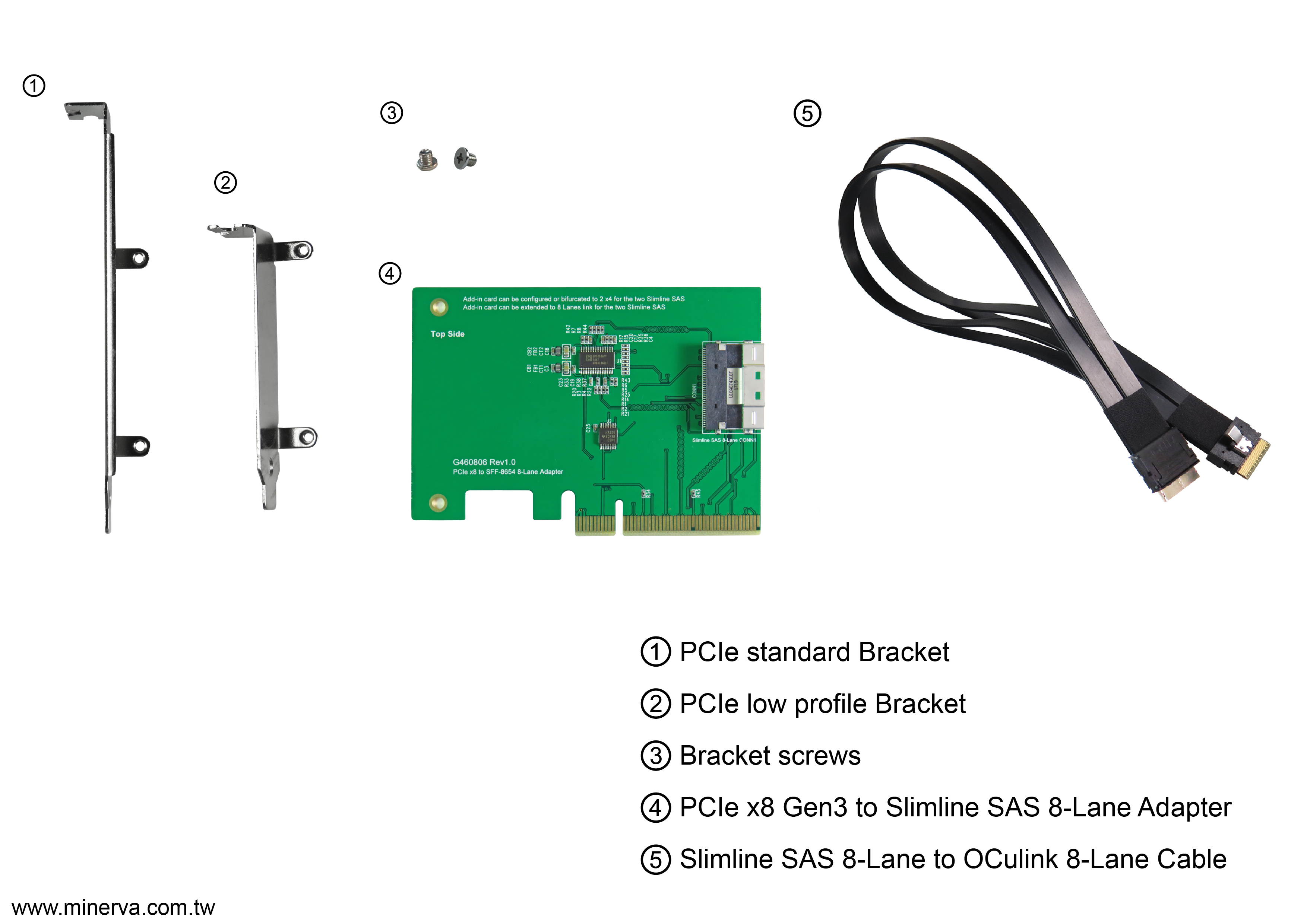 PE0804 - PCIe Gen3 8-lane to Slimline SAS (SFF-8654 8i) Add-in Card(AIC) with Slimline SAS 8-Lane to OCulink 8-Lane Cable KIT