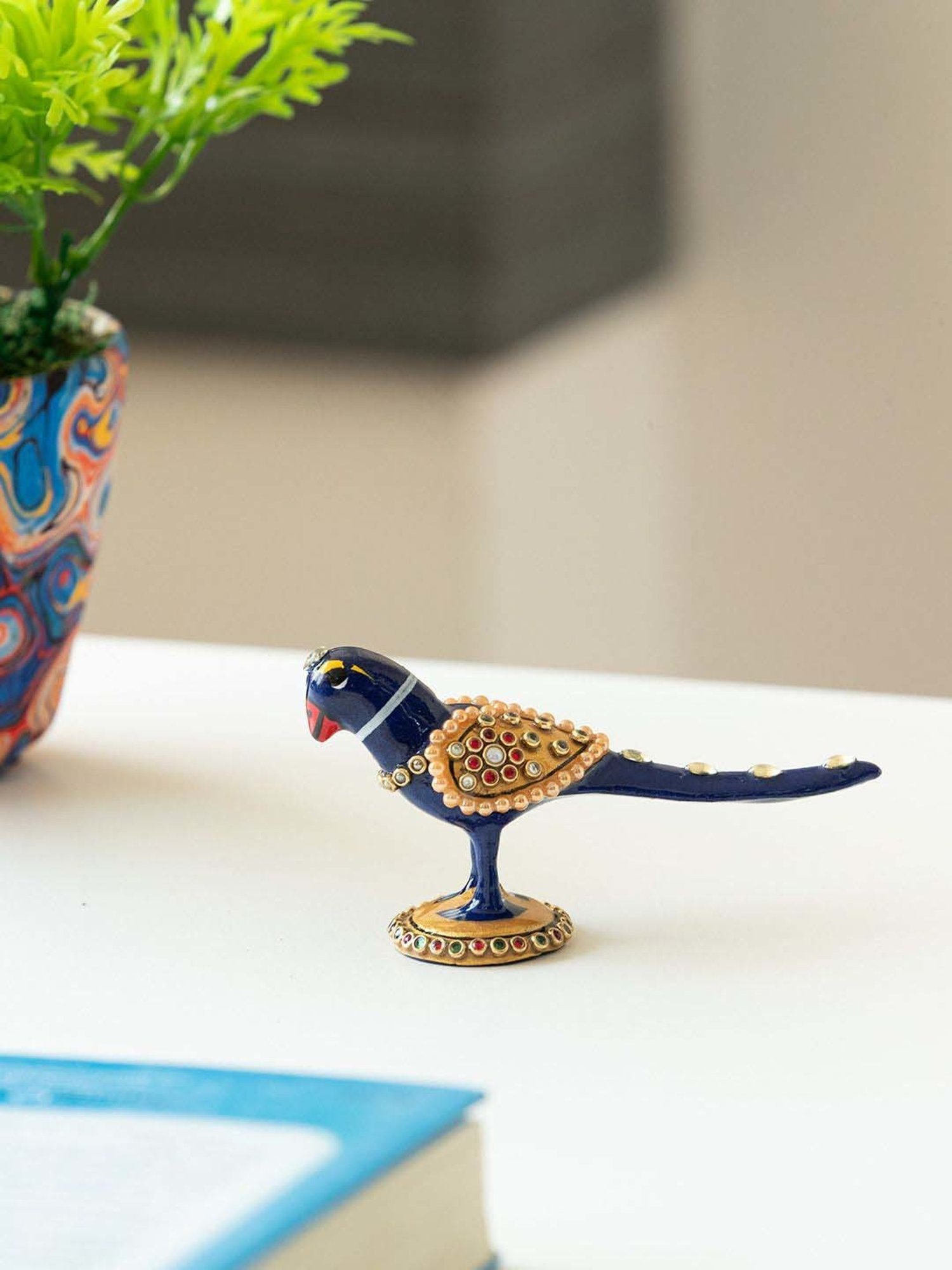 ExclusiveLane Royal Blue & Golden Metal Meenakari Singing Parrot Decorative Showpiece Figurine