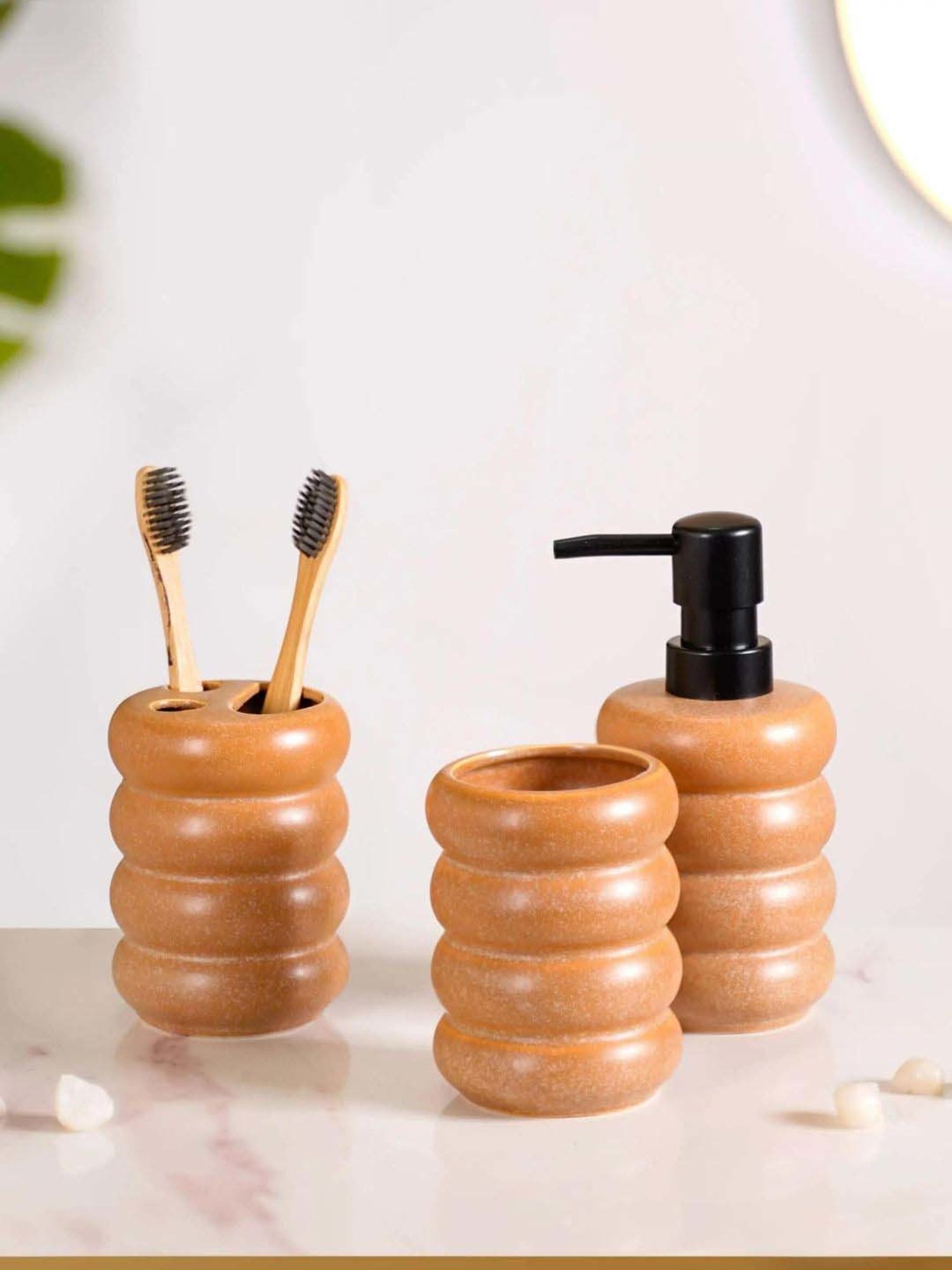 Nestasia Brown Color Abstract Stacked Tier-Like Ceramic Bathroom Accessories Set of 3