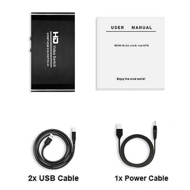 2 Port 4K HDMI KVM USB Switcher Keyboard Mouse Computer Monitor Sharing Device