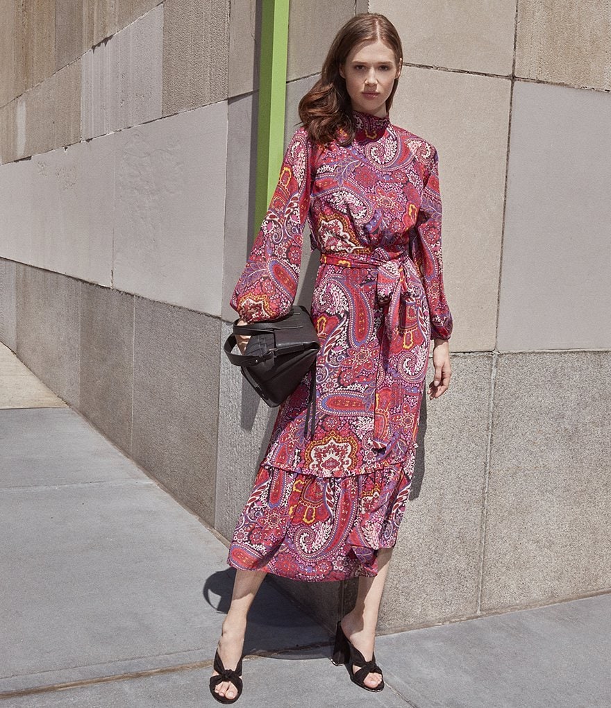Tahari ASL Paisley Print Metallic Yoryu Long Sleeve Tie Waist Ruffle Hem Maxi Dress