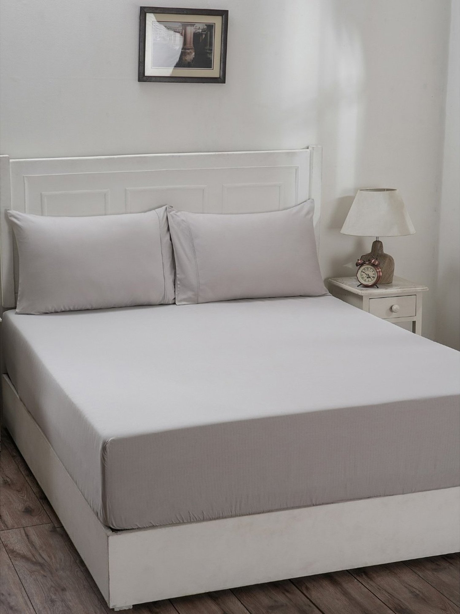 Maspar Colorart Eden Alloy Grey 144 TC Cotton Double Fitted Bed Sheet With 2 Pillow Covers