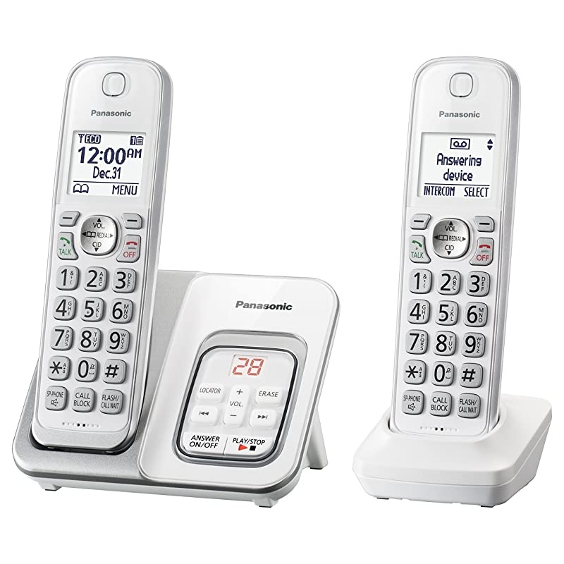 DECT 6.0 Expandable Cordless Phone with Answering Machine and Smart Call Block - 2 Cordless Handsets - KX-TGD532W (White/Silver)