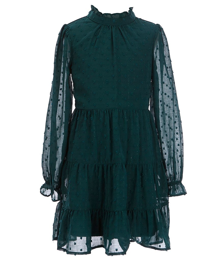 Poppies and Roses Big Girls 7-16 Long-Sleeve Clip-Dot Tiered Fit-And-Flare Dress