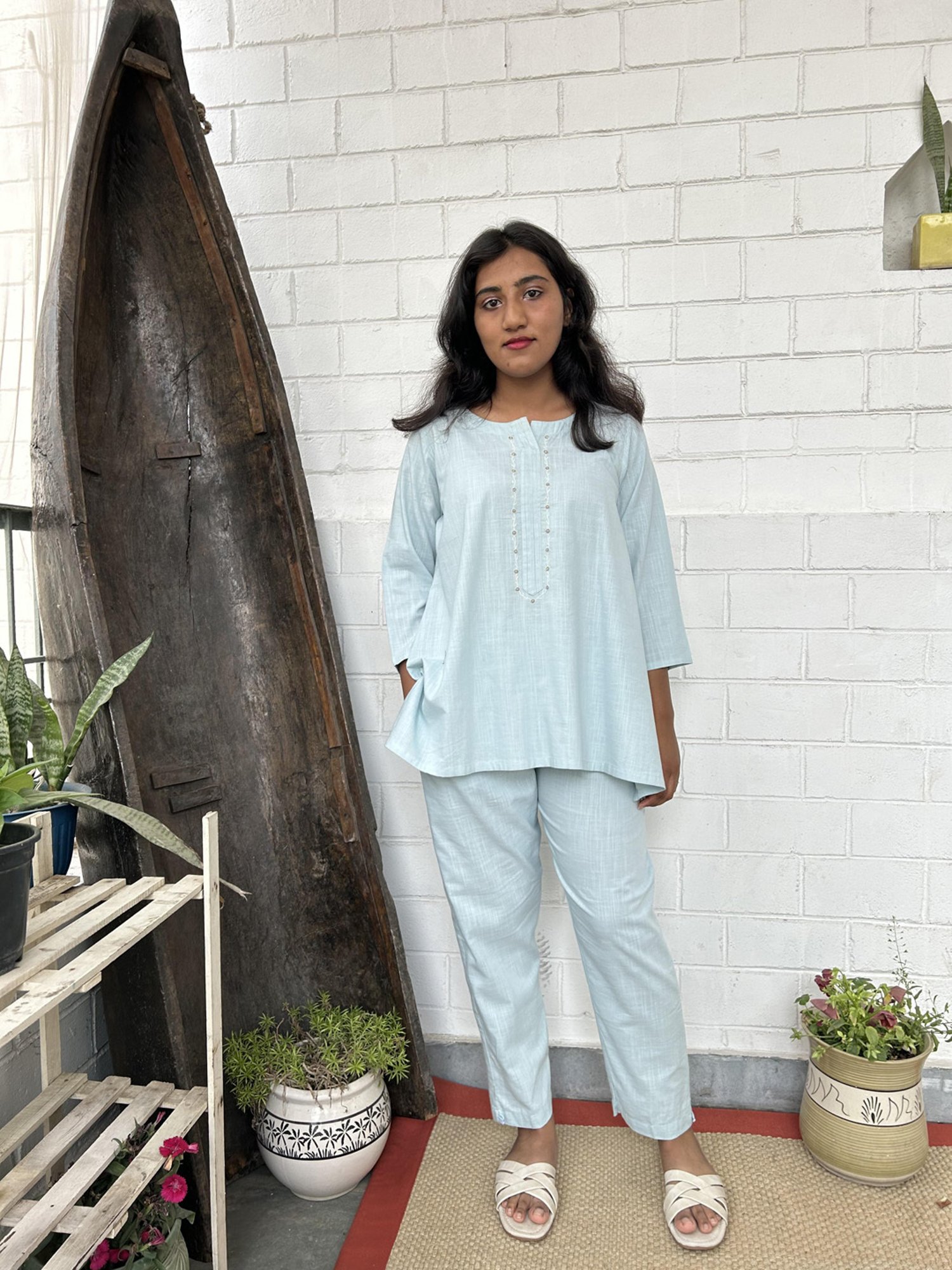Zuri Sky Blue Embroidered Short Cotton Kurta