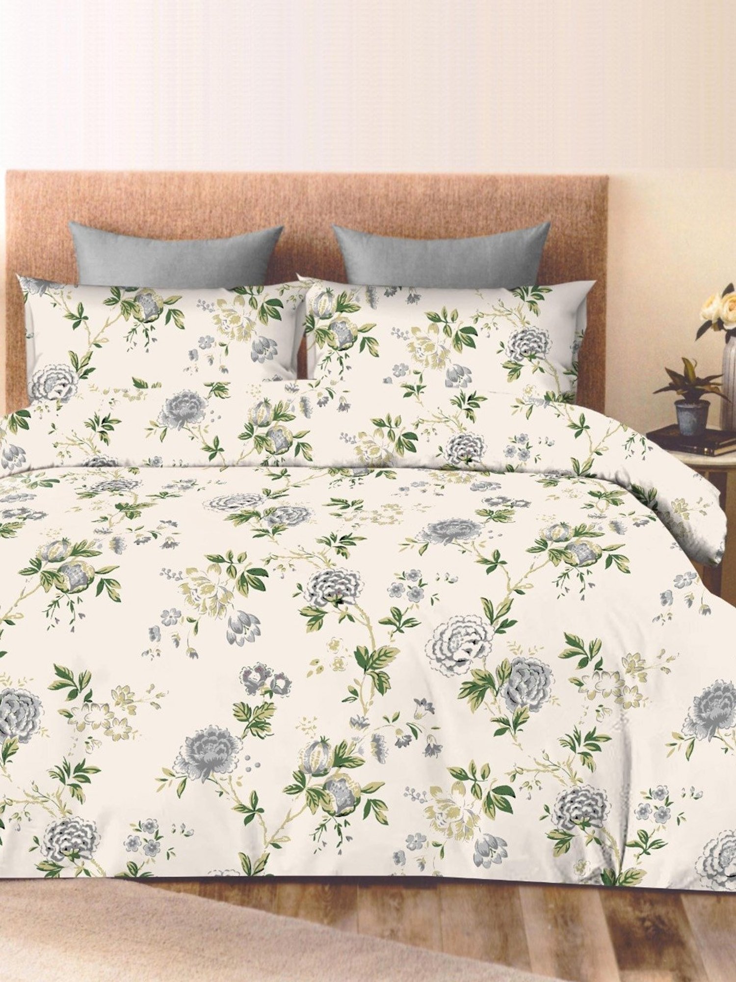 Ariana Tuscany Floral Grey 300 TC Cotton Super king Bedsheet with 2 Pillow Covers