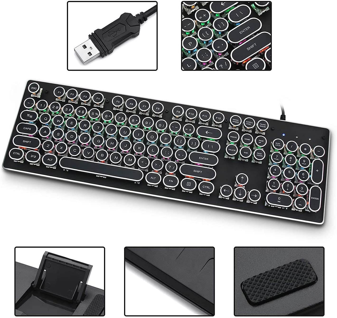 USB LED Backlit Retro Typewriter Mechanical Keyboard -Blue Switch - Round Keycaps -104 Keys Vintage Inspired Steampunk Gaming Keyboard Mechanical Gaming Keyboard for PC/Mac/Gamer/Typ