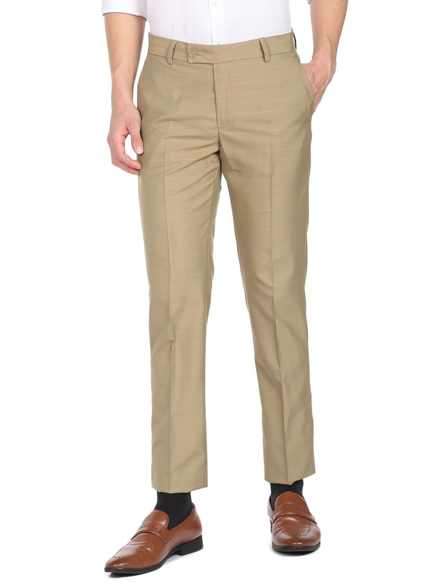 Arrow Khaki Regular Fit Checks Trousers