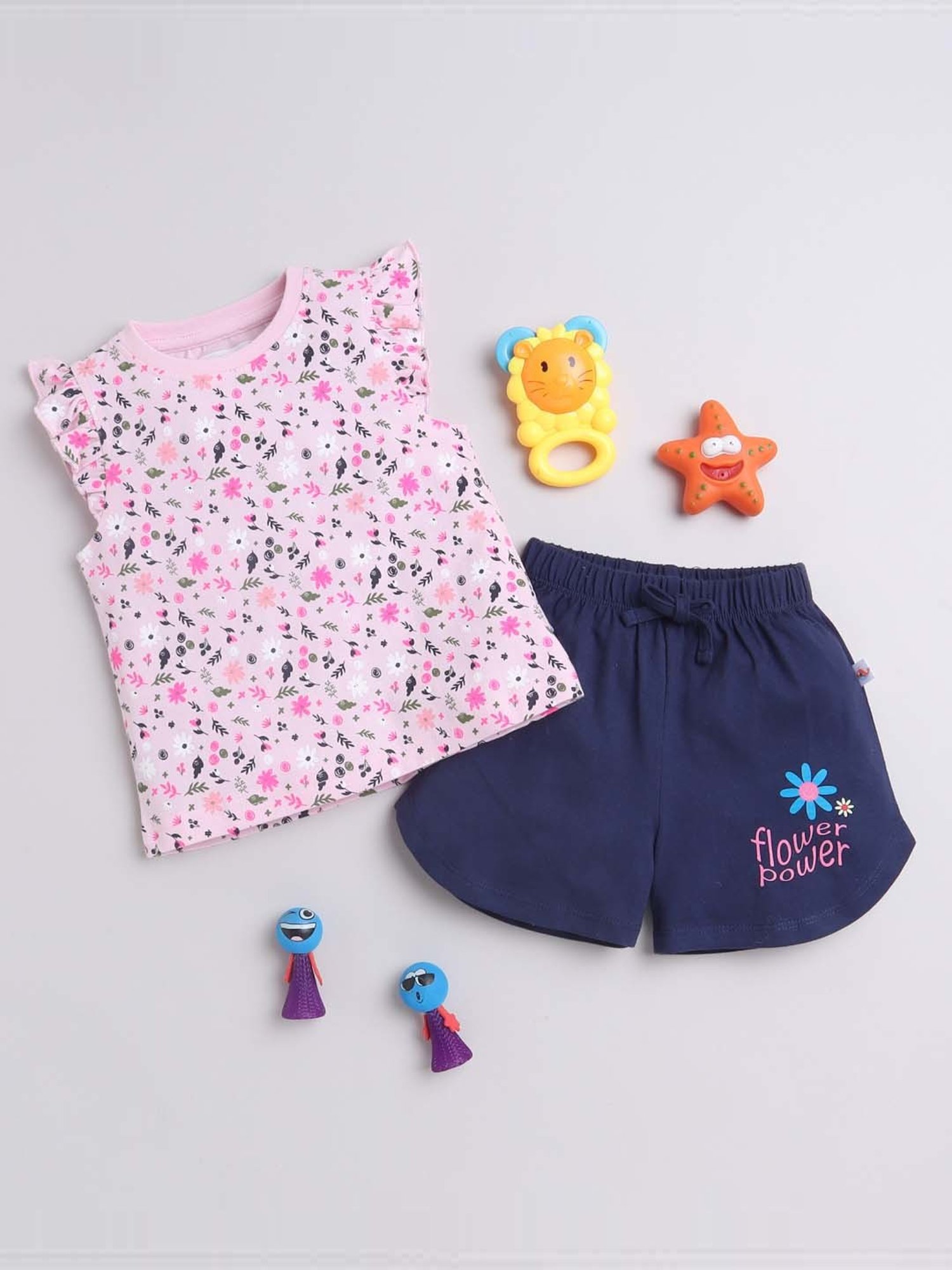Bumzee Kids Pink & Navy Cotton Floral Print T-Shirt Set