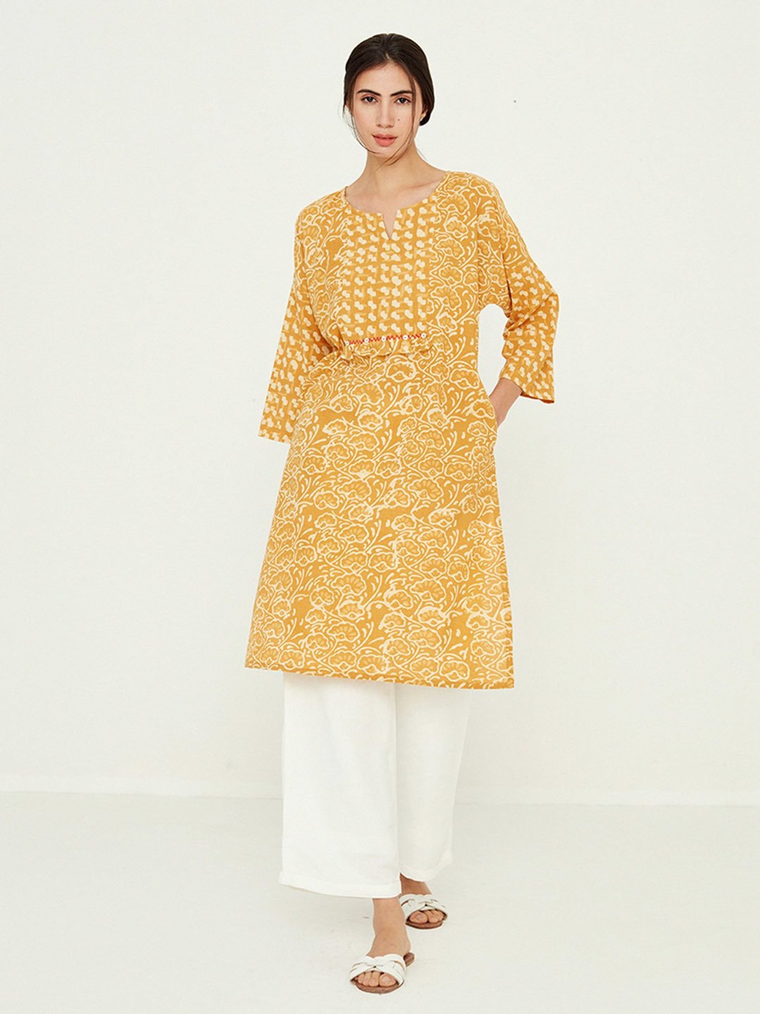 ANCESTRY Mustard Printed Straight Kurta