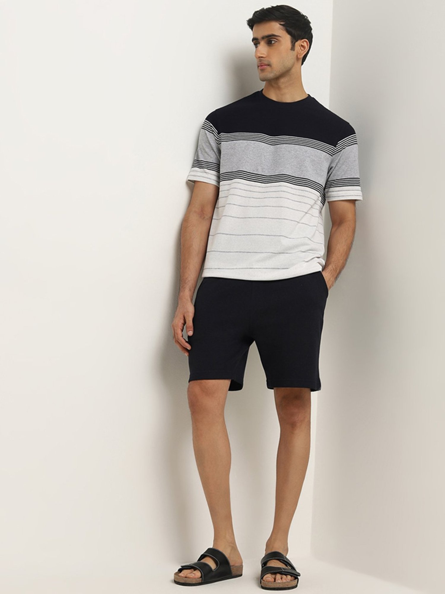WES Lounge by Westside Grey Melange Striped Relaxed-Fit T-Shirt