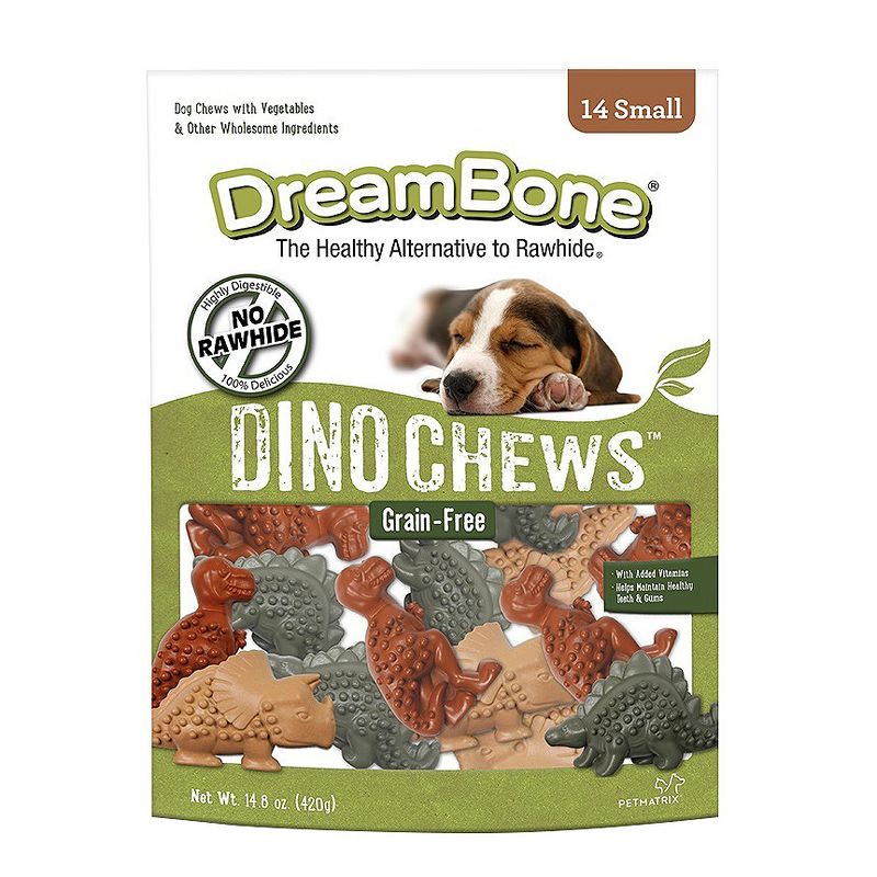 DreamBone Rawhide Free Dino Chews Grain Free Chicken and Vegetable Dog Treats 14ct