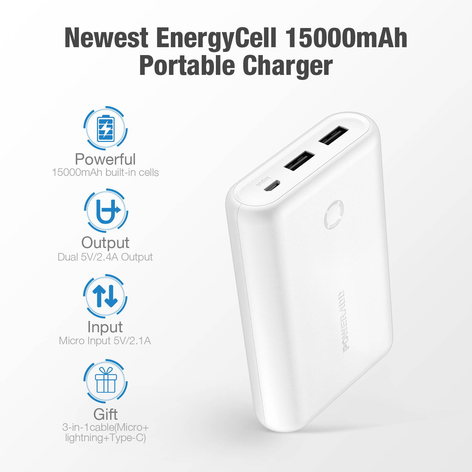 POWERADD Portable Charger EnergyCell 15000mAh Power Bank Dual 5V/2.4A Output External Battery Fast Charging Portable Charger for iPhone Samsung Cellphone, Black