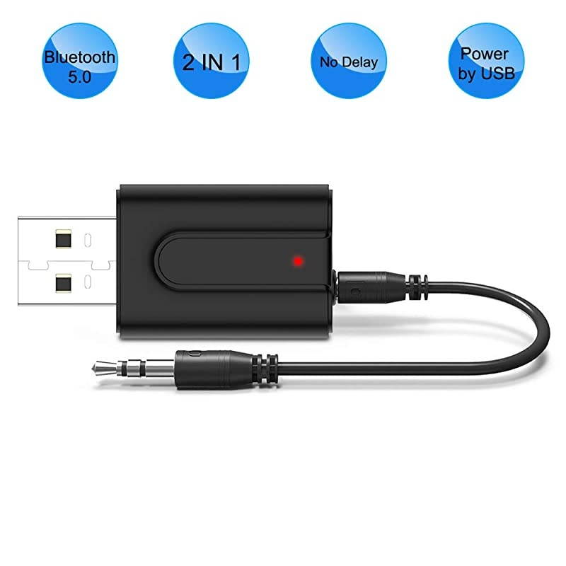 V5.0 Transmitter Receiver, 2 in 1 Transmitter Receiver Portable Wireless Adapter with 3.5mm Audio Cable for TV/Headphone/PC/Car/Home Stereo [Power by USB, Low Latency]