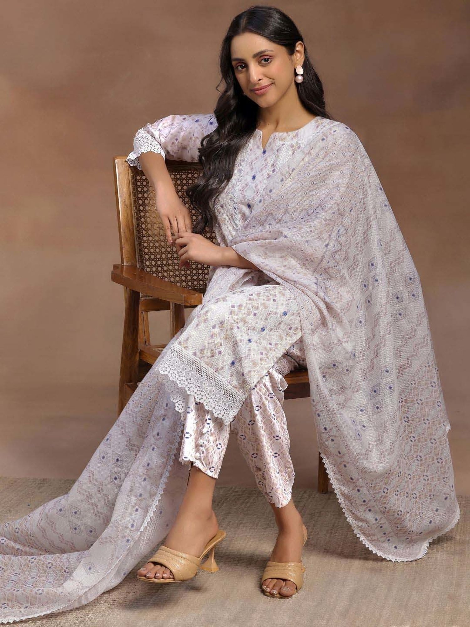 Libas Beige Printed Kurta Pant Set With Dupatta