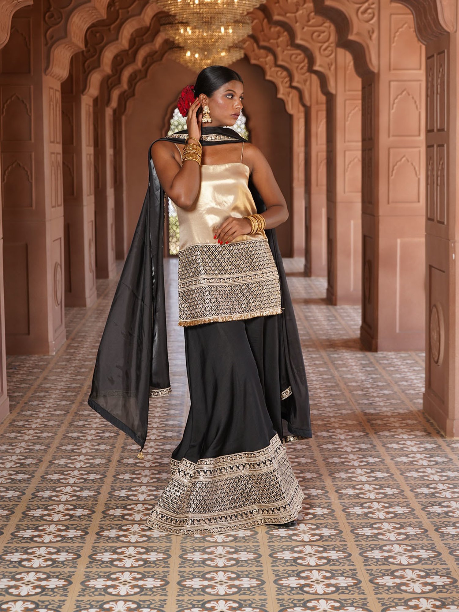Monk and Mei Nargis Strap Kurta with Silk Sharara & Dupatta