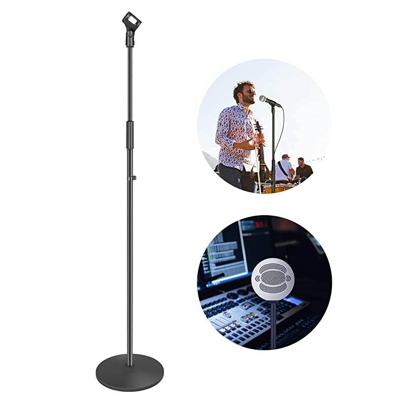 Compact Base Microphone Floor Stand with Mic Holder Adjustable Height from 399 to 70 inches Durable IronMade Stand with Solid Round Base Detachable for Easy TransportBlack