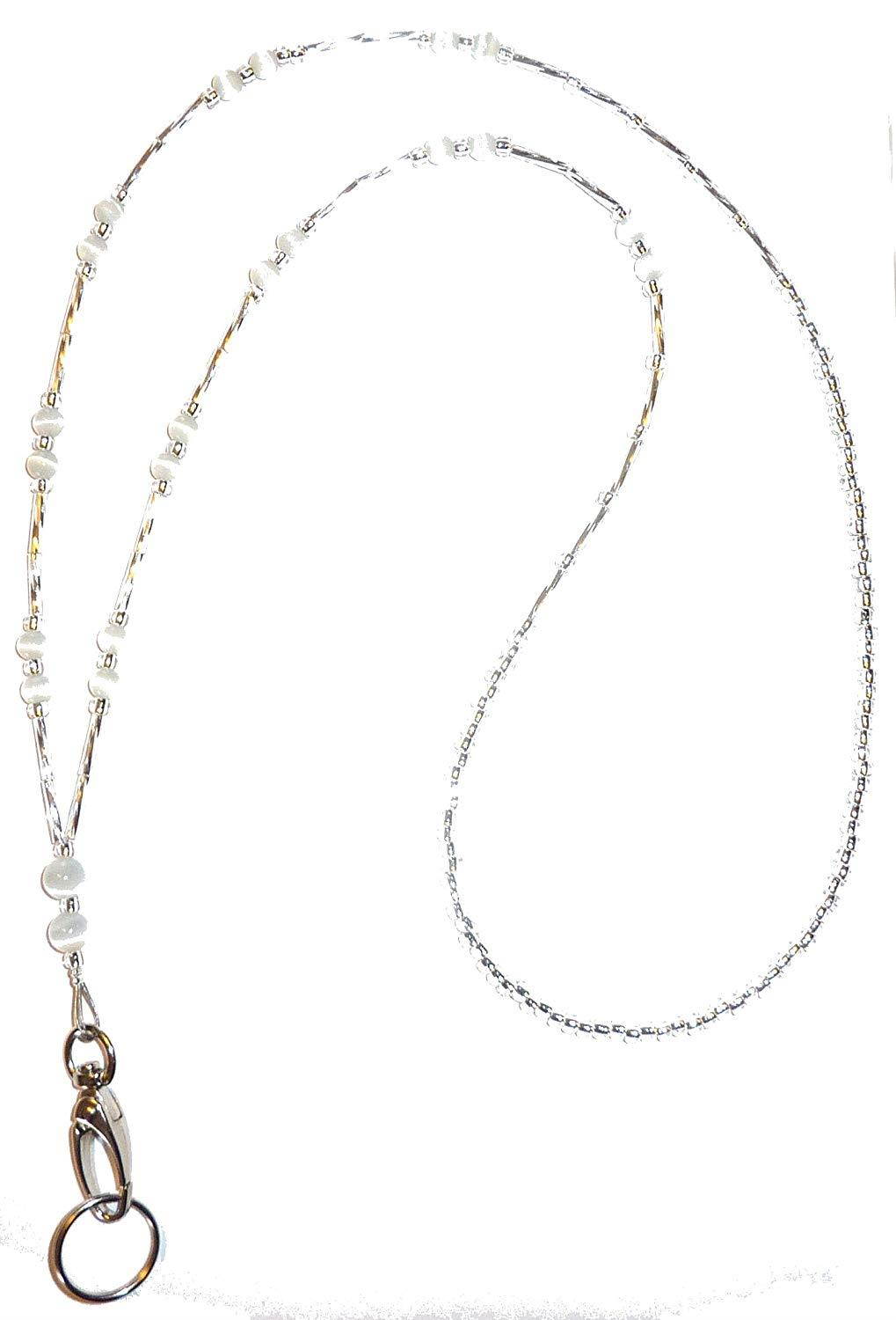 Hidden Hollow Beads, Simple Black, Women's Fashion Beaded Lanyard Necklace, 34", Key and ID Badge Holder (White - Non Breakaway (Stronger))