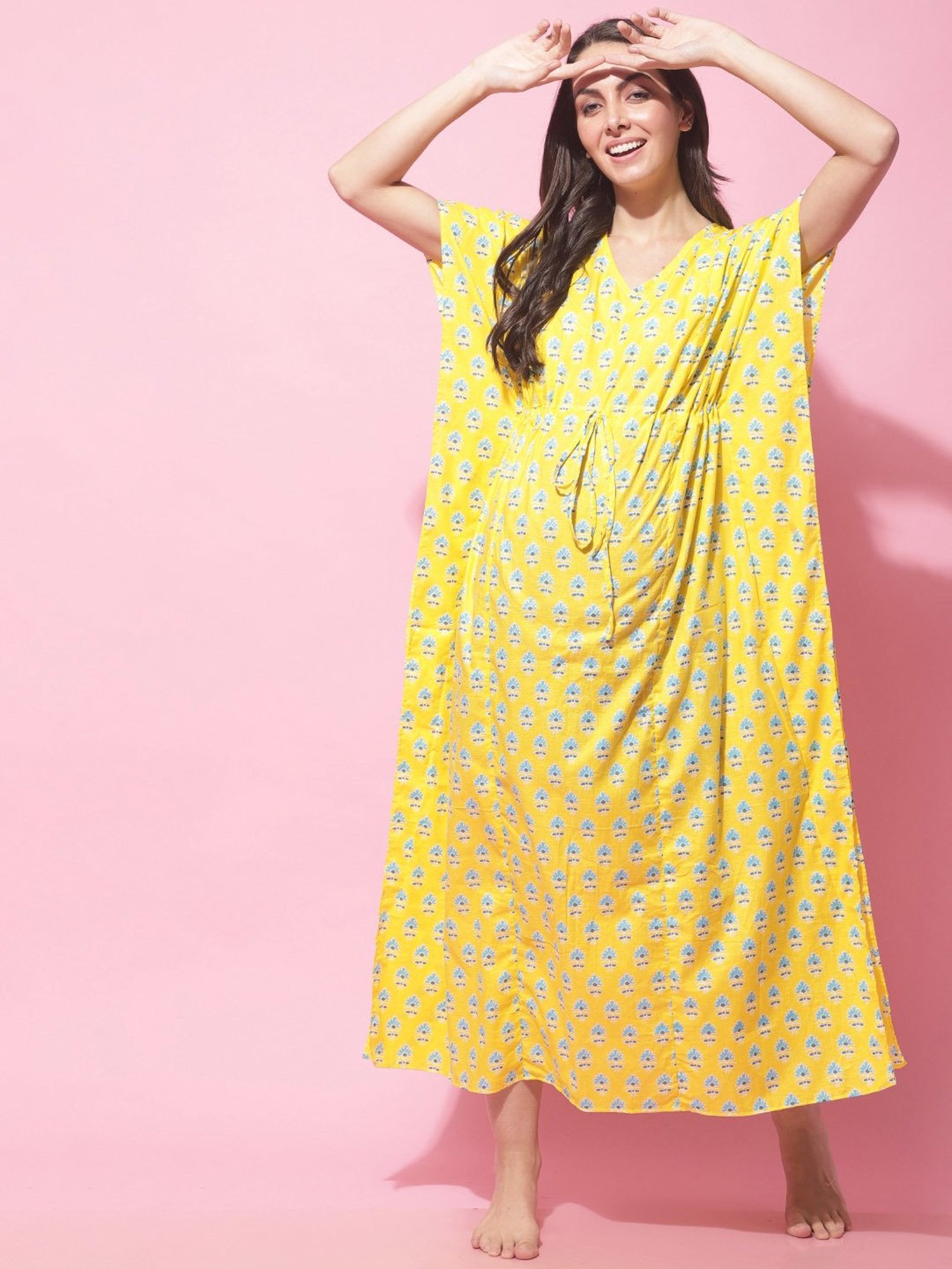 Secret Wish Yellow Printed Maternity Night Dress