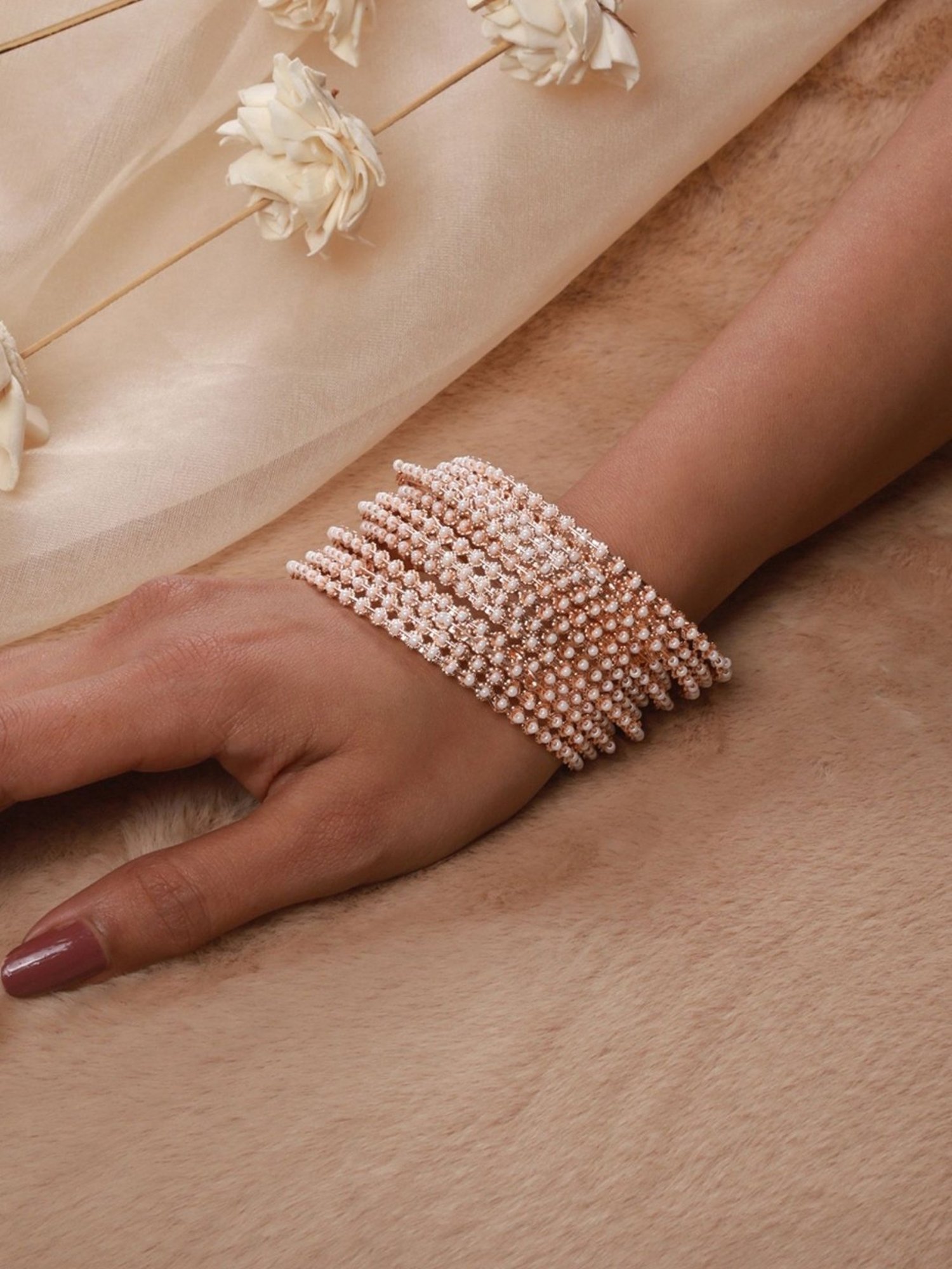 Aatmana Rose Gold-Plated & White Pearl Beaded Bangles for Women (Set of 12) - 2.4