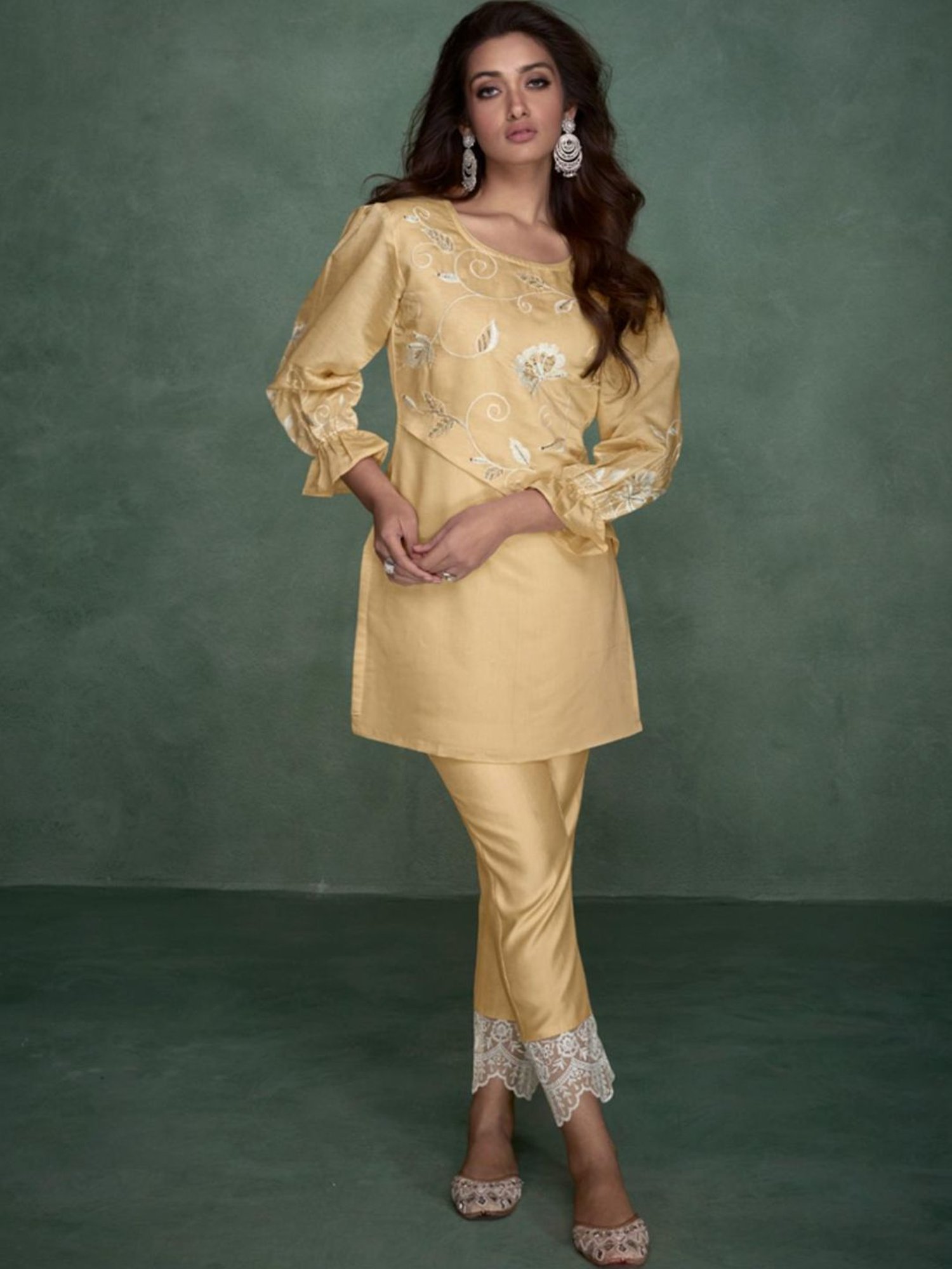 Autumnlane Yellow Selena Lime Embroidery Tunic with Pant Co-ord Set