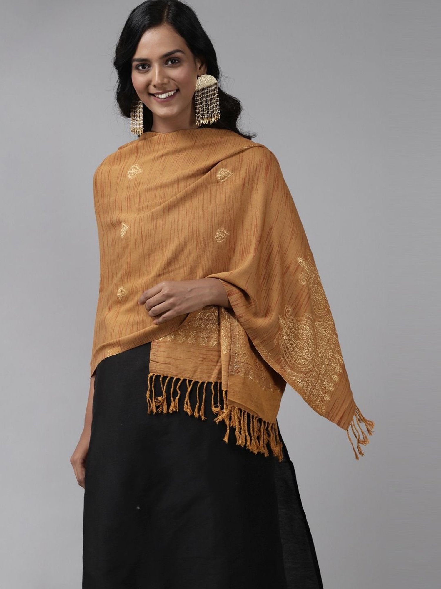 Indo Era Yellow Woven Pattern Shawl