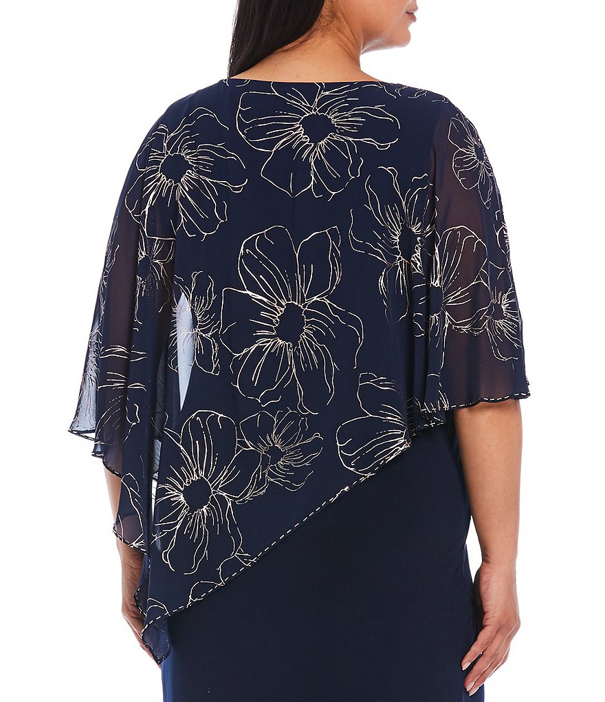 Ignite Evenings Plus Size Asymmetric Chiffon Floral Print Overlay Beaded Trim Sheath Dress