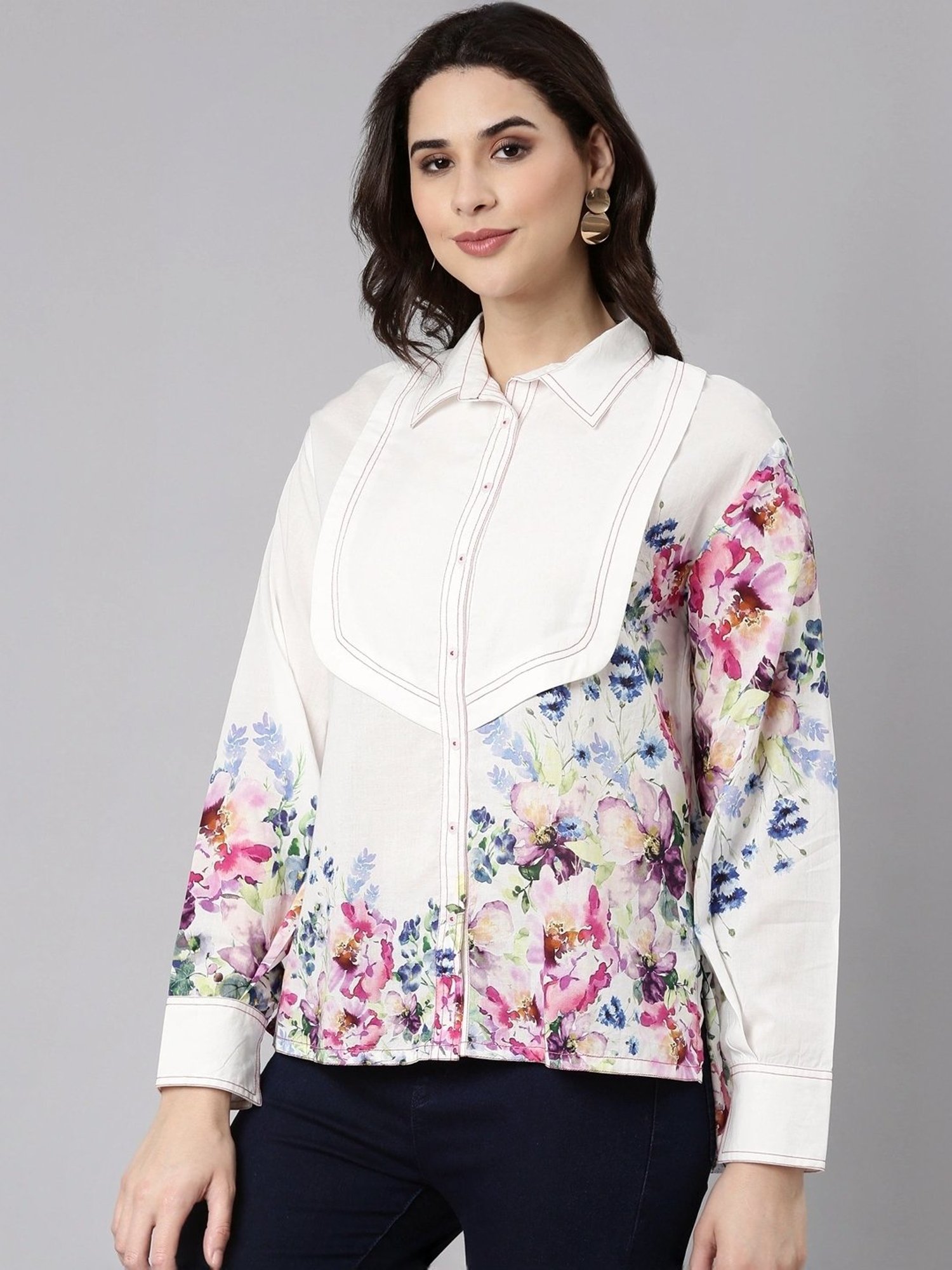 Zolo Label White Cotton Floral Print Shirt